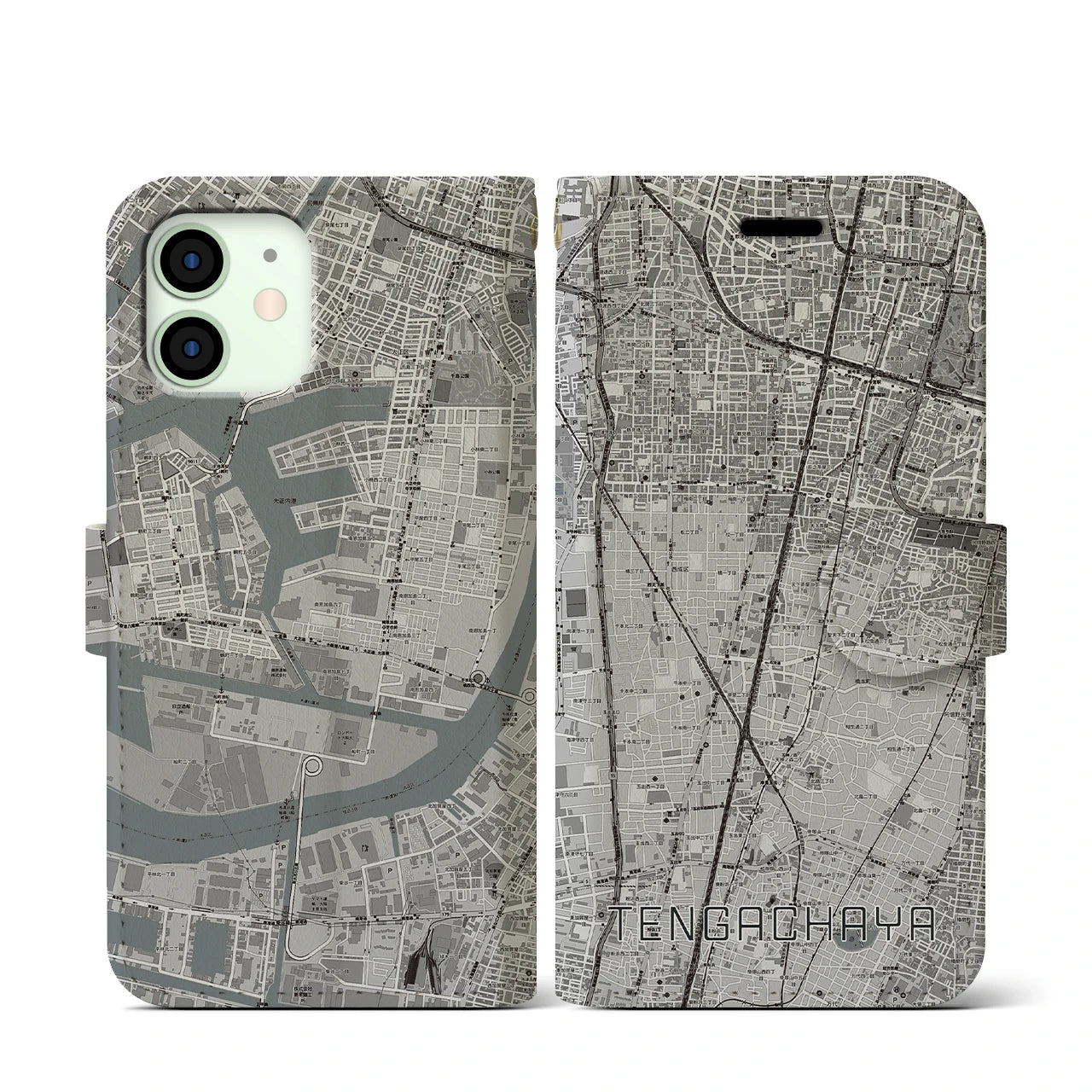 【天下茶屋(大阪府)】地図柄iPhoneケース(手帳タイプ)モノトーン・iPhone 12 mini 用