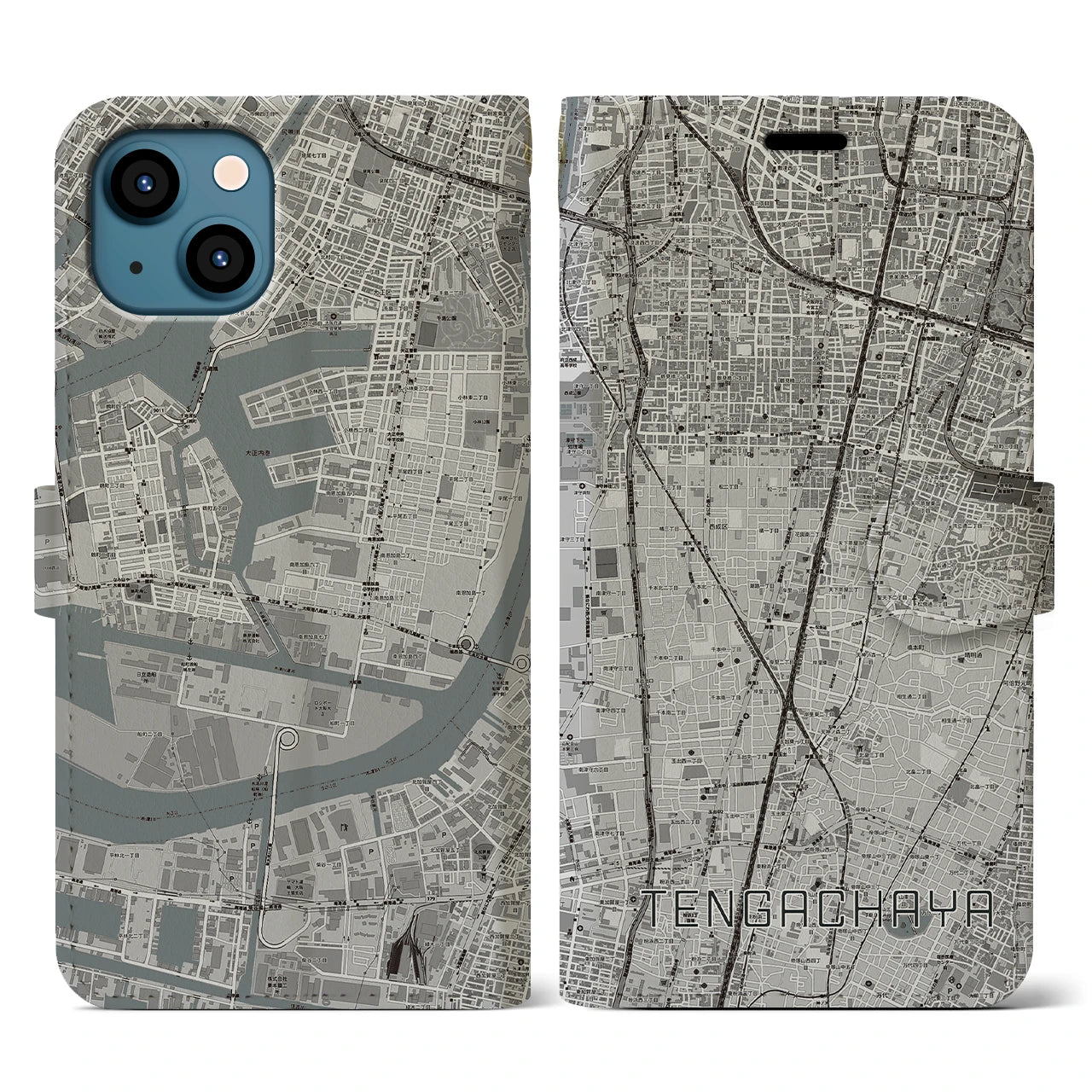 【天下茶屋(大阪府)】地図柄iPhoneケース(手帳タイプ)モノトーン・iPhone 13 用