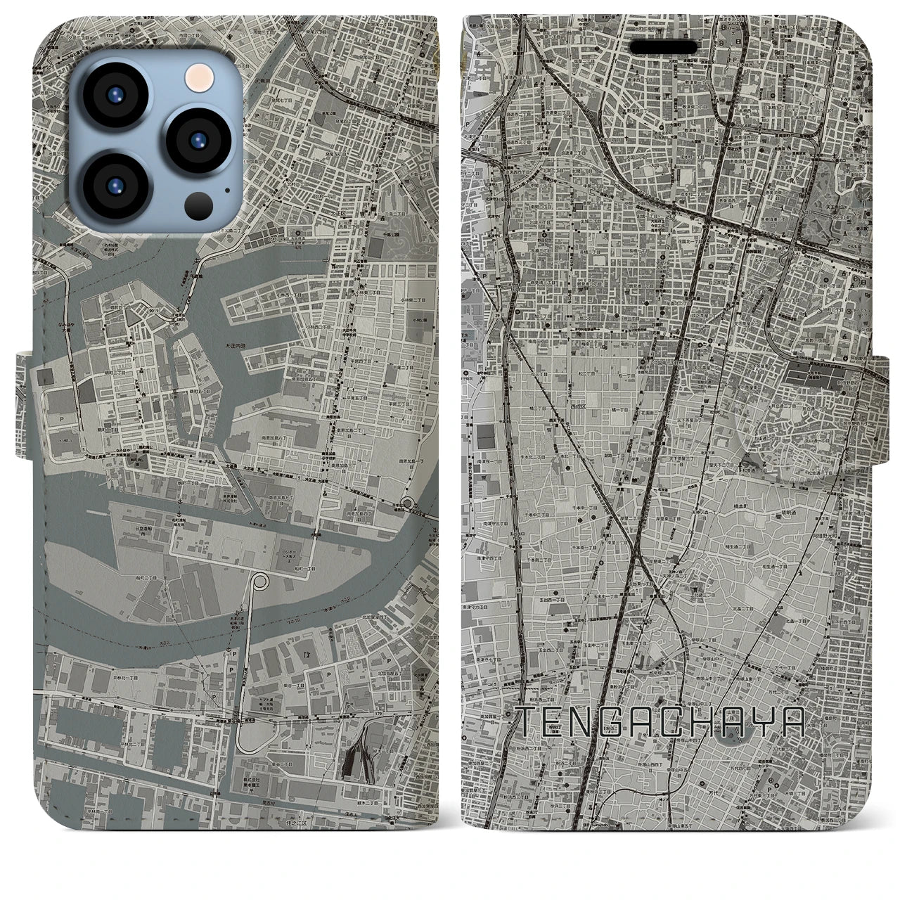 【天下茶屋(大阪府)】地図柄iPhoneケース(手帳タイプ)モノトーン・iPhone 13 Pro Max 用