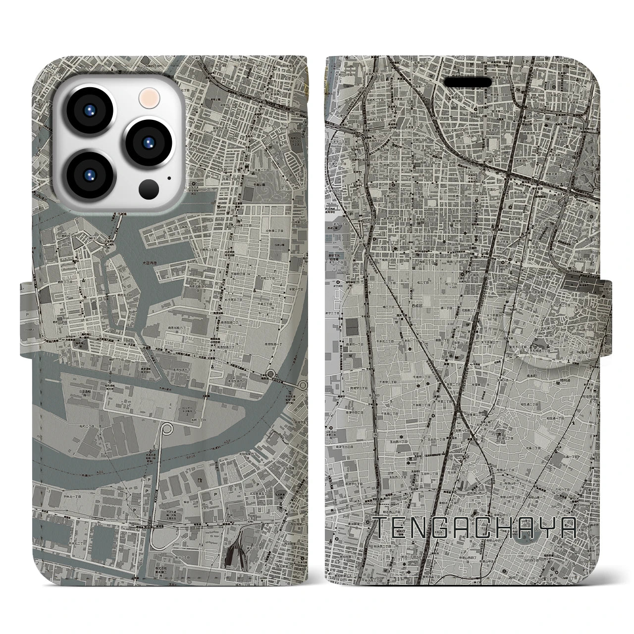 【天下茶屋(大阪府)】地図柄iPhoneケース(手帳タイプ)モノトーン・iPhone 13 Pro 用