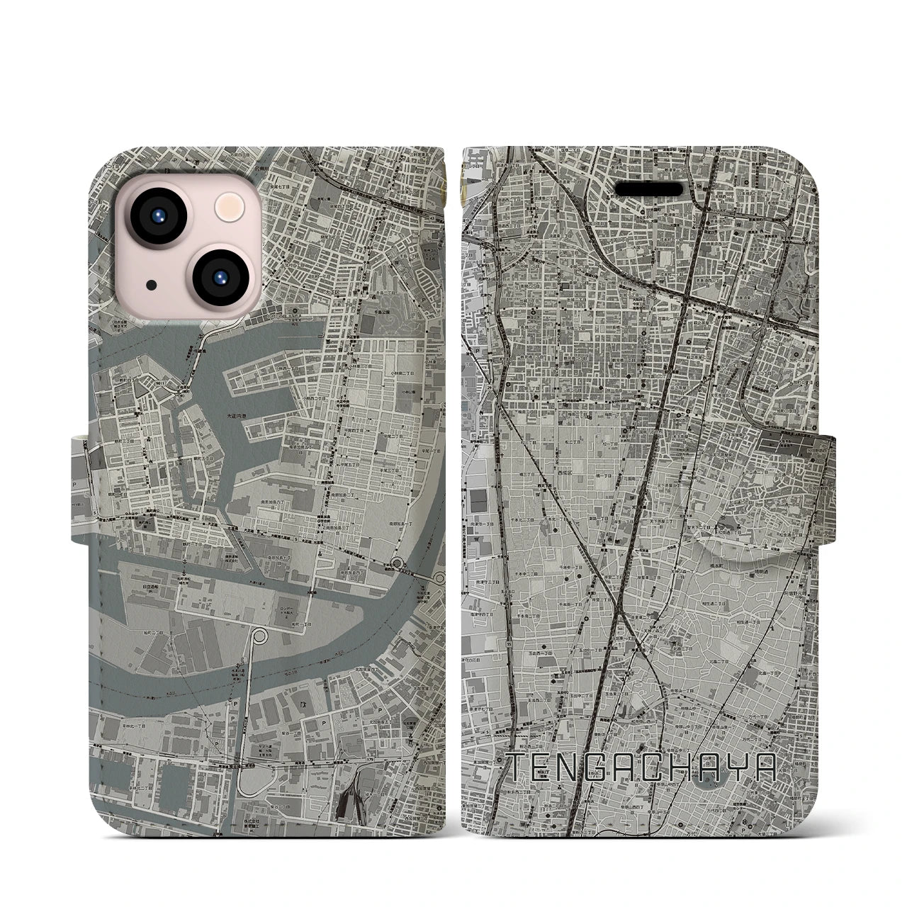 【天下茶屋(大阪府)】地図柄iPhoneケース(手帳タイプ)モノトーン・iPhone 13 mini 用