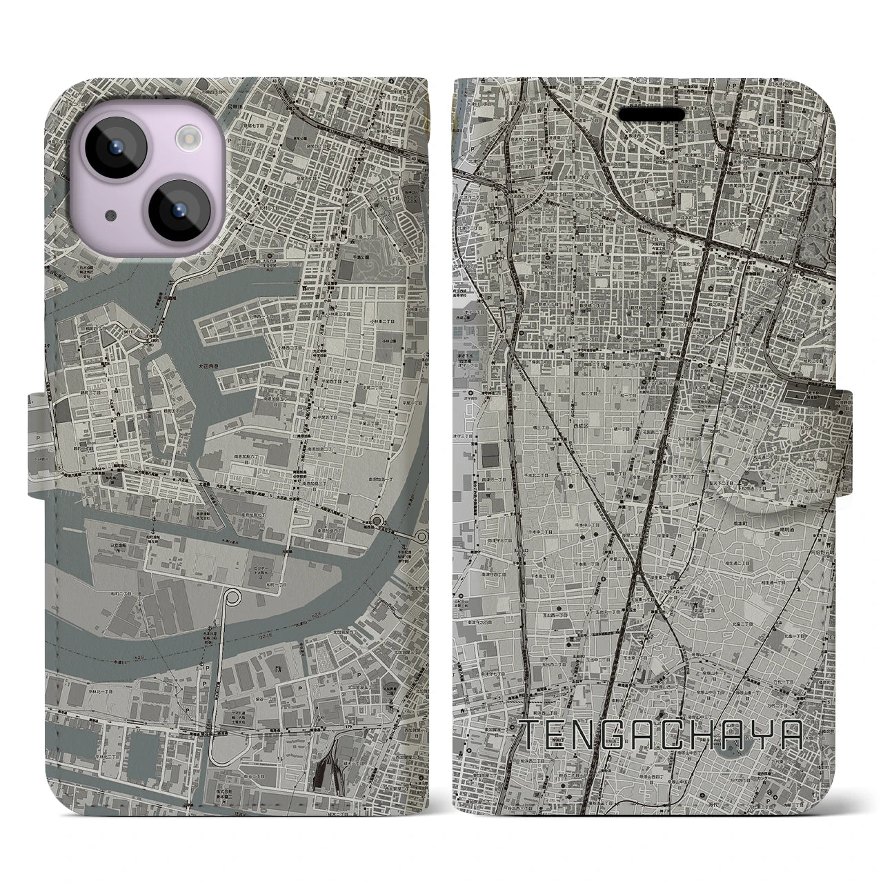 【天下茶屋(大阪府)】地図柄iPhoneケース(手帳タイプ)モノトーン・iPhone 14 用
