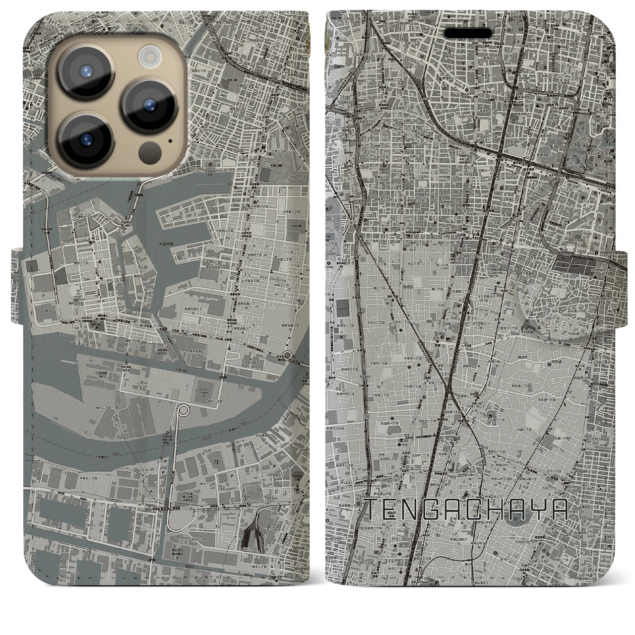 【天下茶屋(大阪府)】地図柄iPhoneケース(手帳タイプ)モノトーン・iPhone 14 Pro Max 用