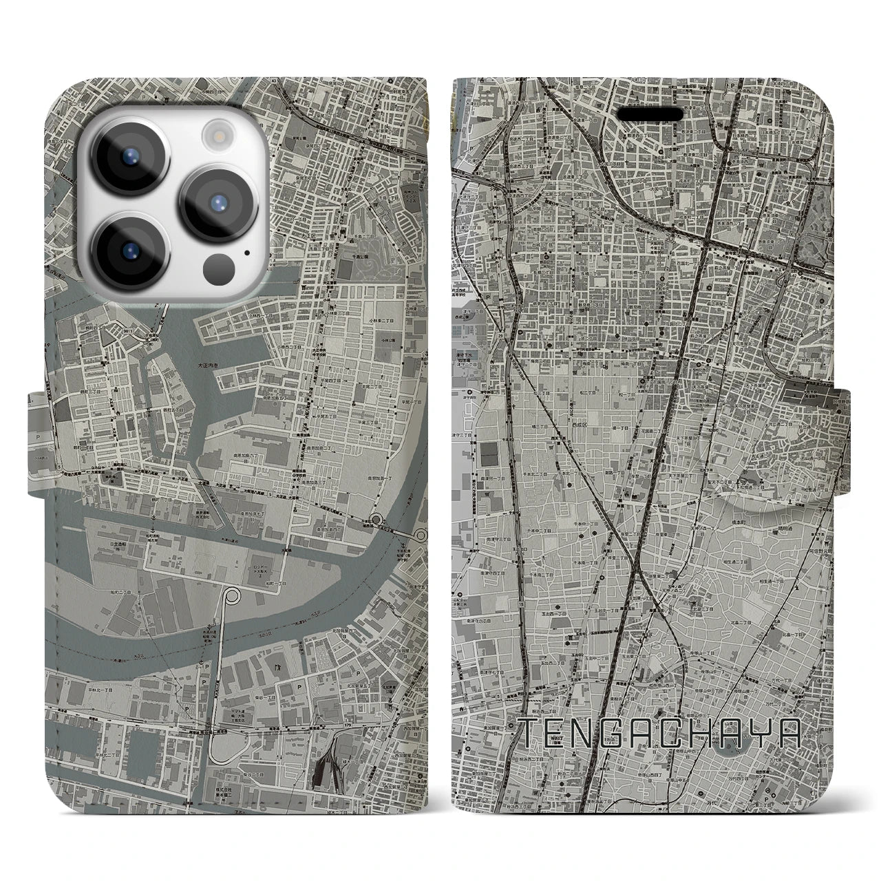 【天下茶屋(大阪府)】地図柄iPhoneケース(手帳タイプ)モノトーン・iPhone 14 Pro 用