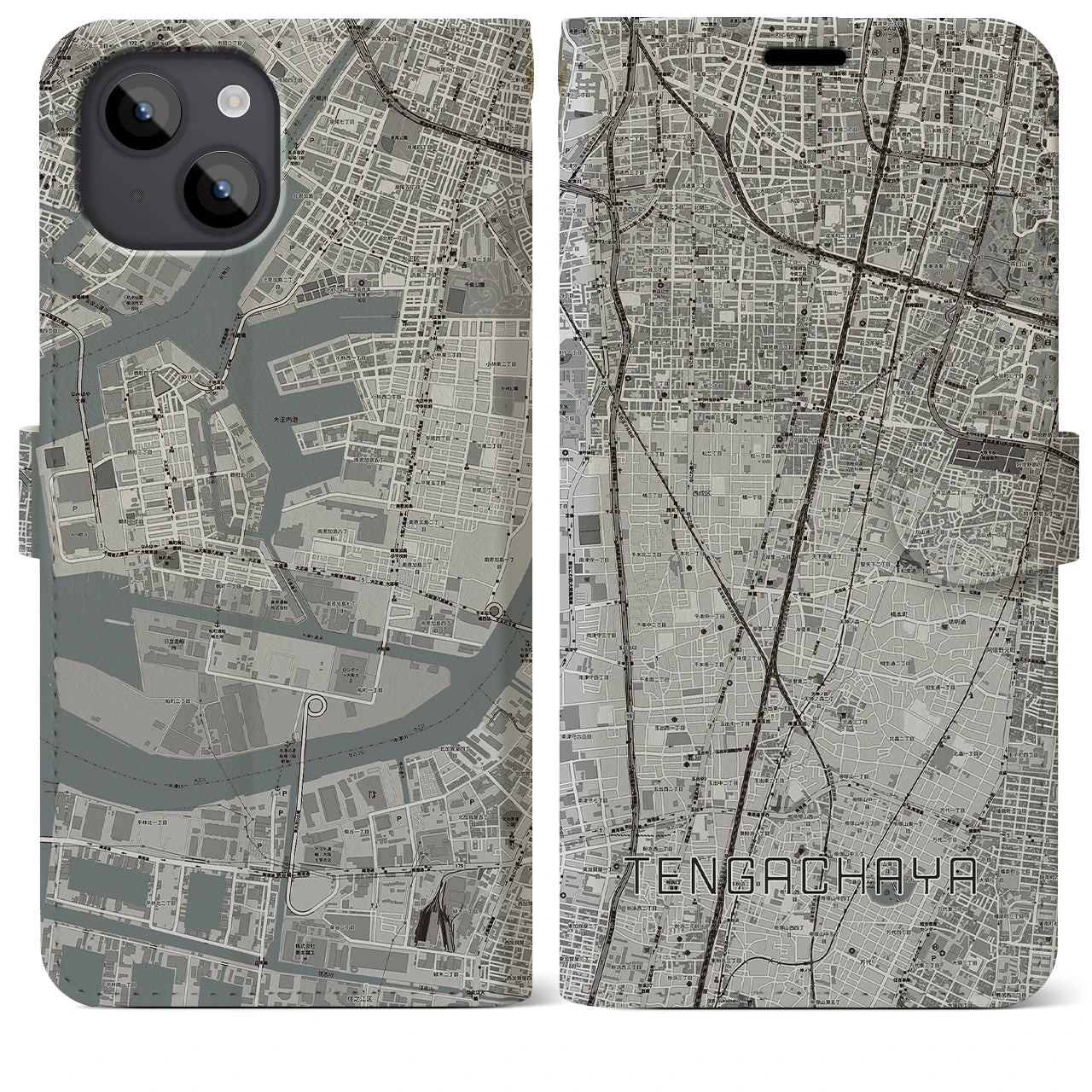 【天下茶屋(大阪府)】地図柄iPhoneケース(手帳タイプ)モノトーン・iPhone 14 Plus 用