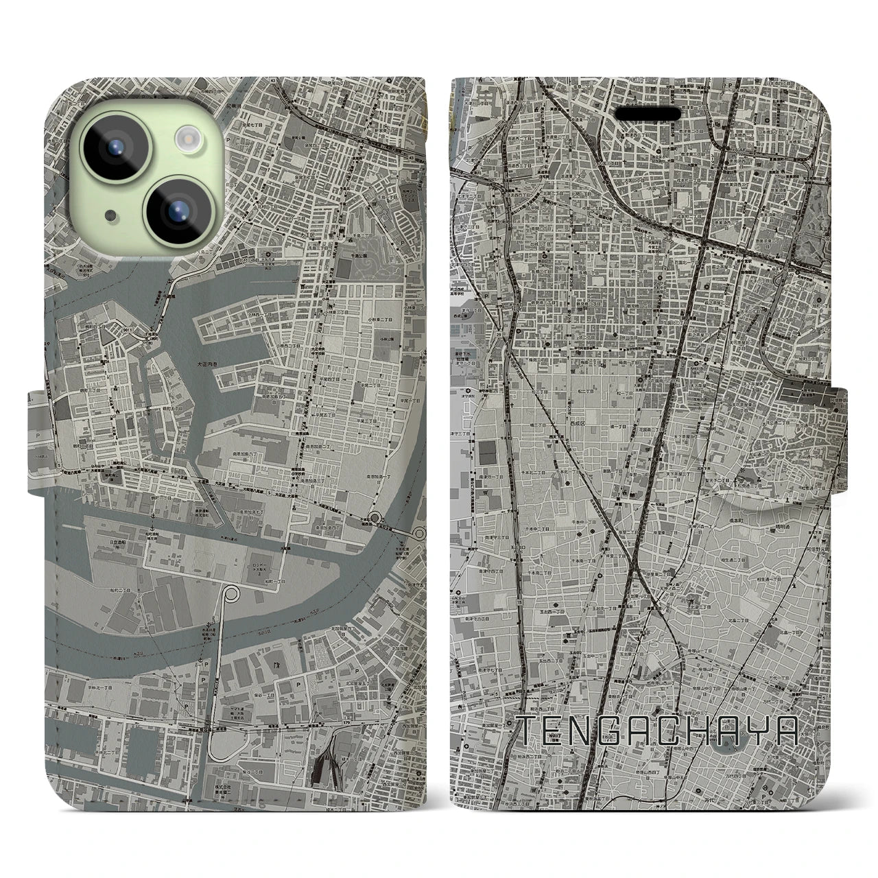 【天下茶屋(大阪府)】地図柄iPhoneケース(手帳タイプ)モノトーン・iPhone 15 用