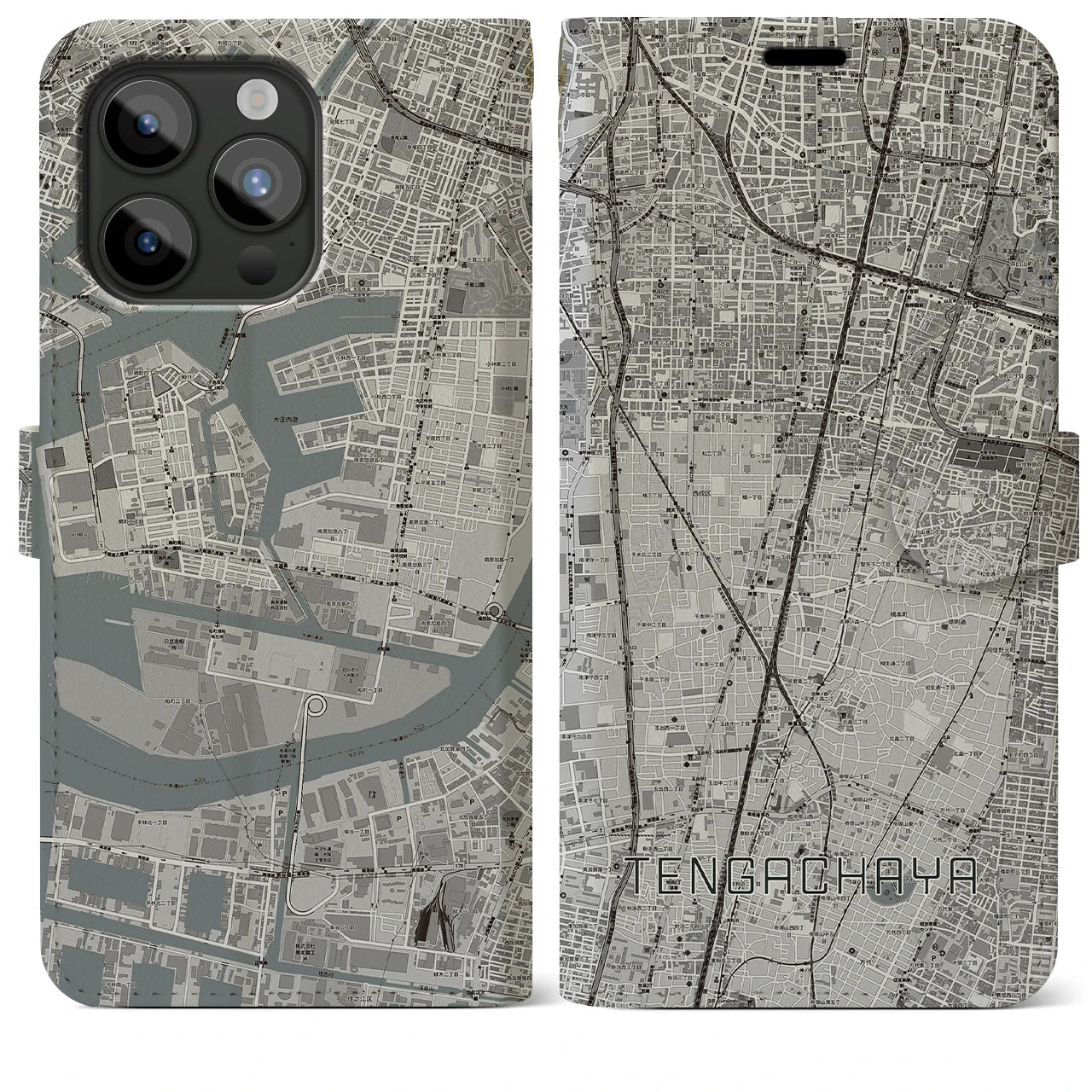 【天下茶屋(大阪府)】地図柄iPhoneケース(手帳タイプ)モノトーン・iPhone 15 Pro Max 用