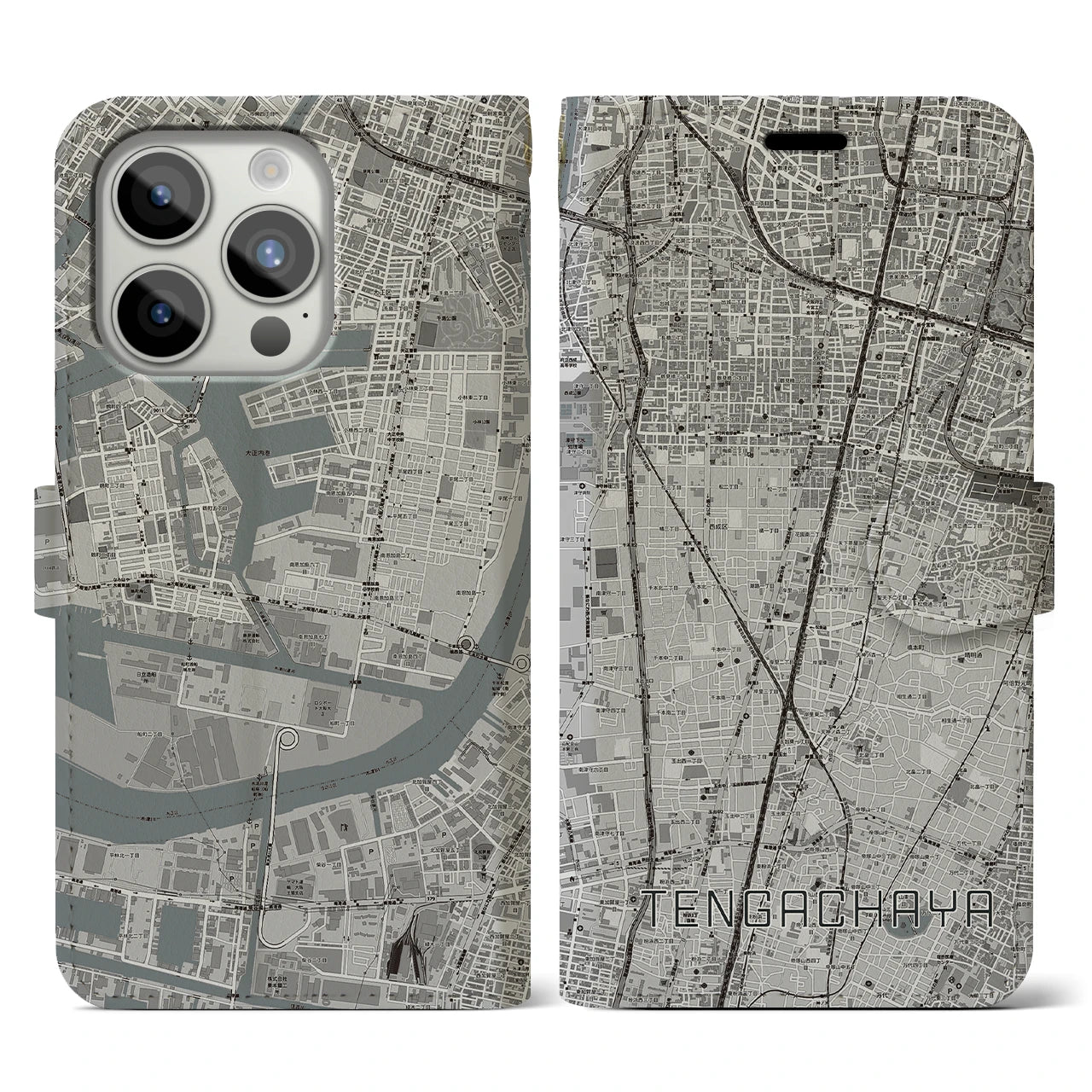 【天下茶屋(大阪府)】地図柄iPhoneケース(手帳タイプ)モノトーン・iPhone 15 Pro 用