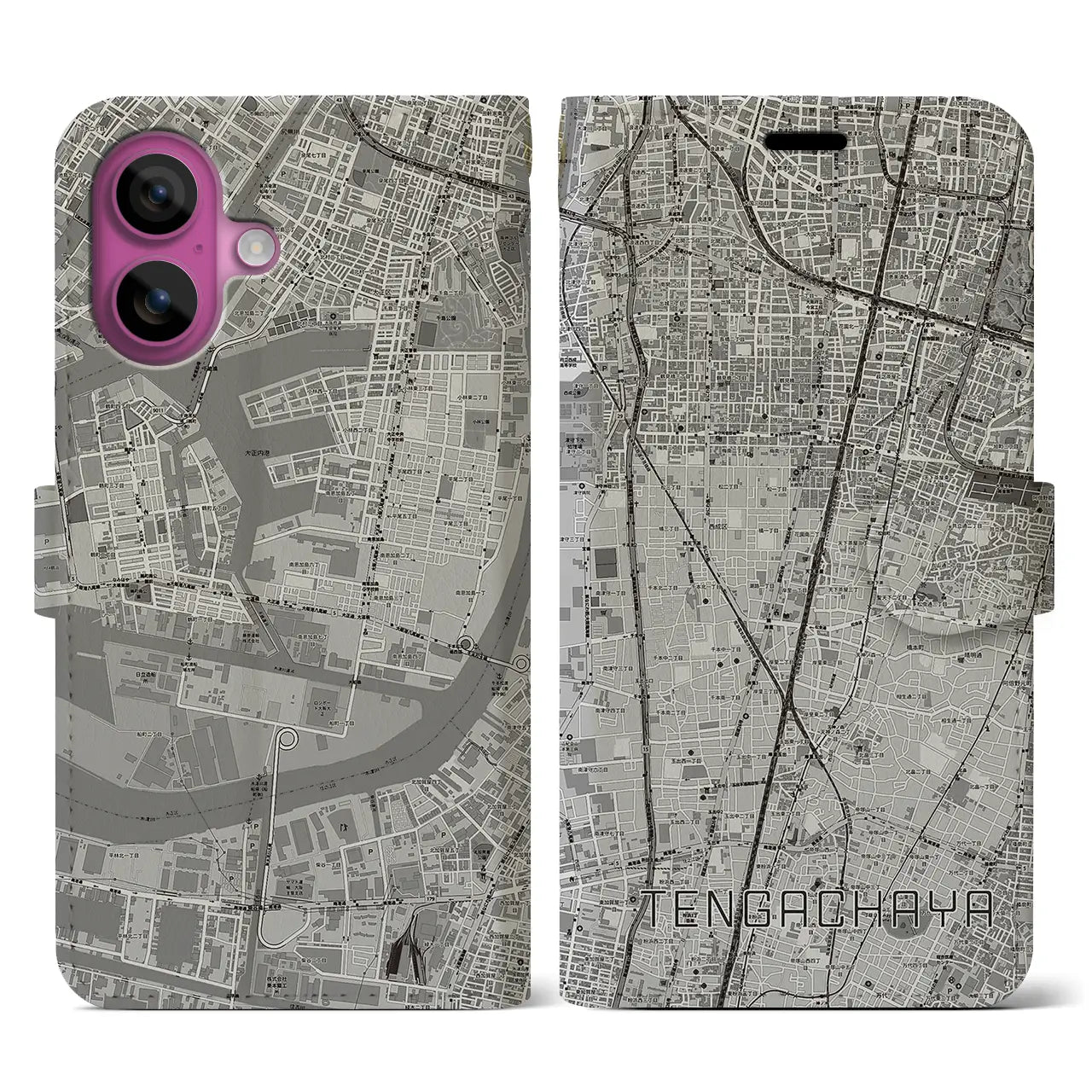 【天下茶屋(大阪府)】地図柄iPhoneケース(手帳タイプ)モノトーン・iPhone 16 Pro 用
