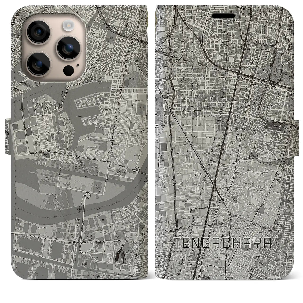 【天下茶屋(大阪府)】地図柄iPhoneケース(手帳タイプ)モノトーン・iPhone 16 Plus 用