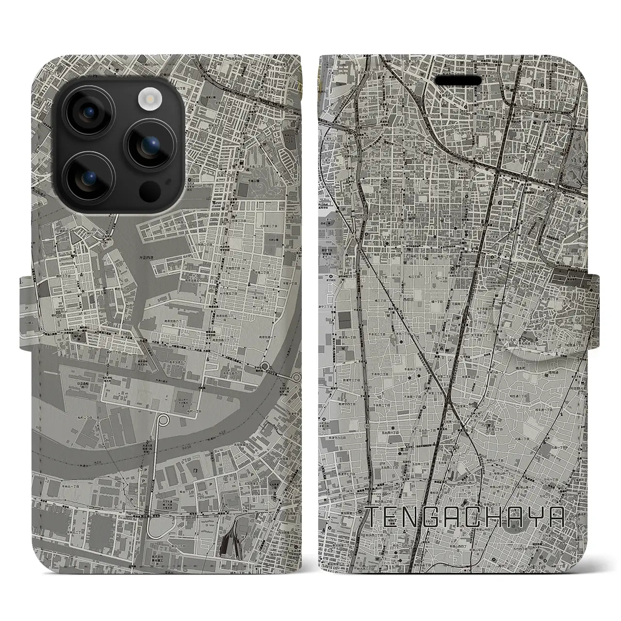 【天下茶屋(大阪府)】地図柄iPhoneケース(手帳タイプ)モノトーン・iPhone 16 用