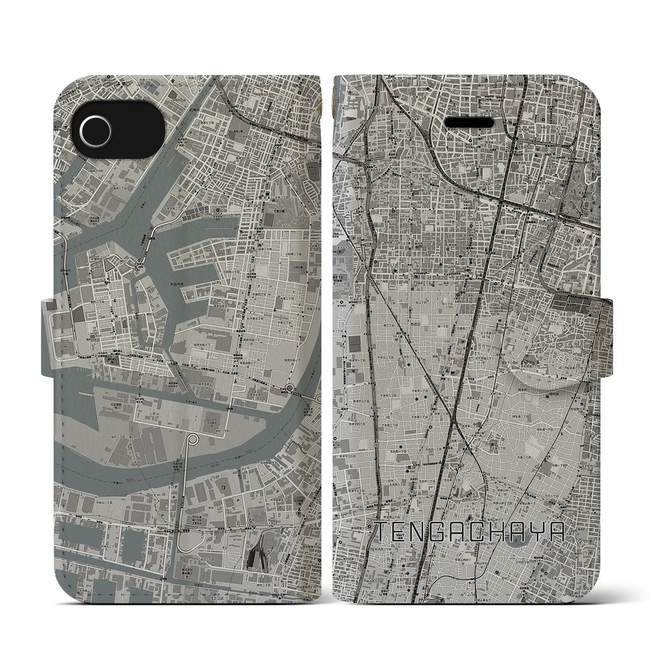 【天下茶屋(大阪府)】地図柄iPhoneケース(手帳タイプ)モノトーン・iPhone SE(第3 / 第2世代) / 8 / 7 / 6s / 6 用