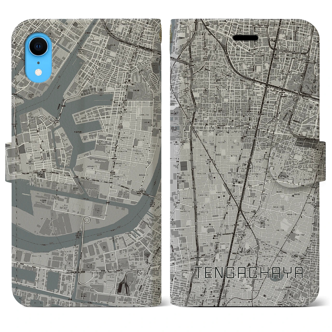 【天下茶屋(大阪府)】地図柄iPhoneケース(手帳タイプ)モノトーン・iPhone XR 用
