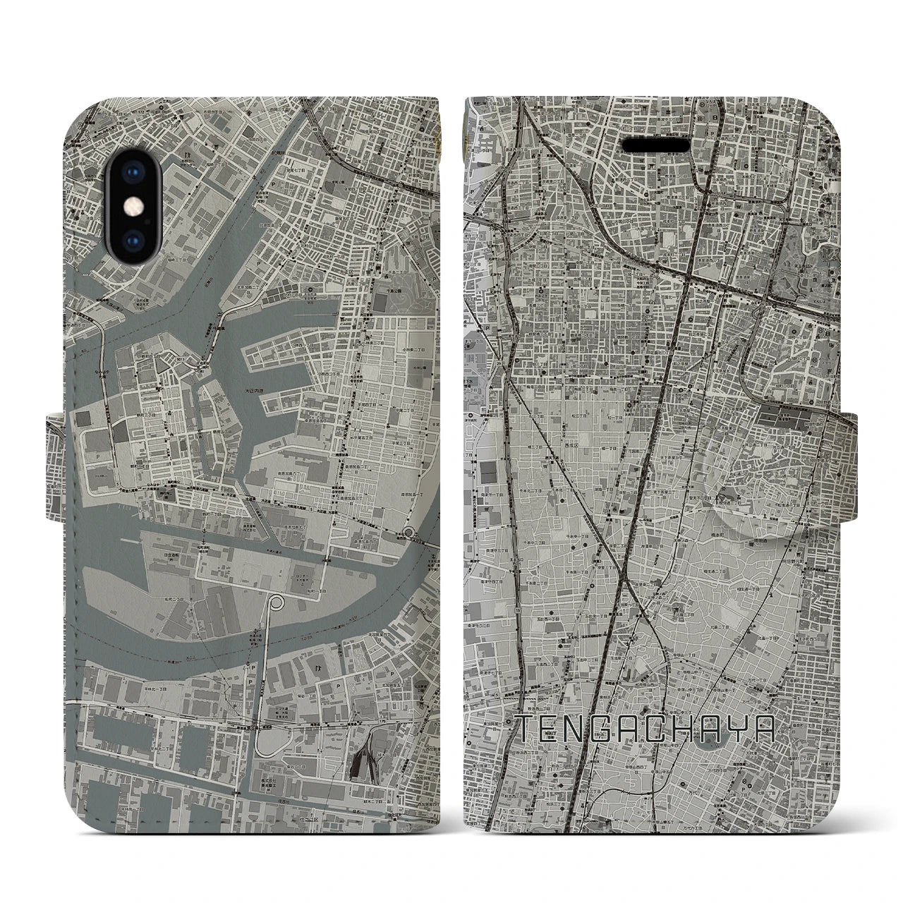 【天下茶屋(大阪府)】地図柄iPhoneケース(手帳タイプ)モノトーン・iPhone XS / X 用