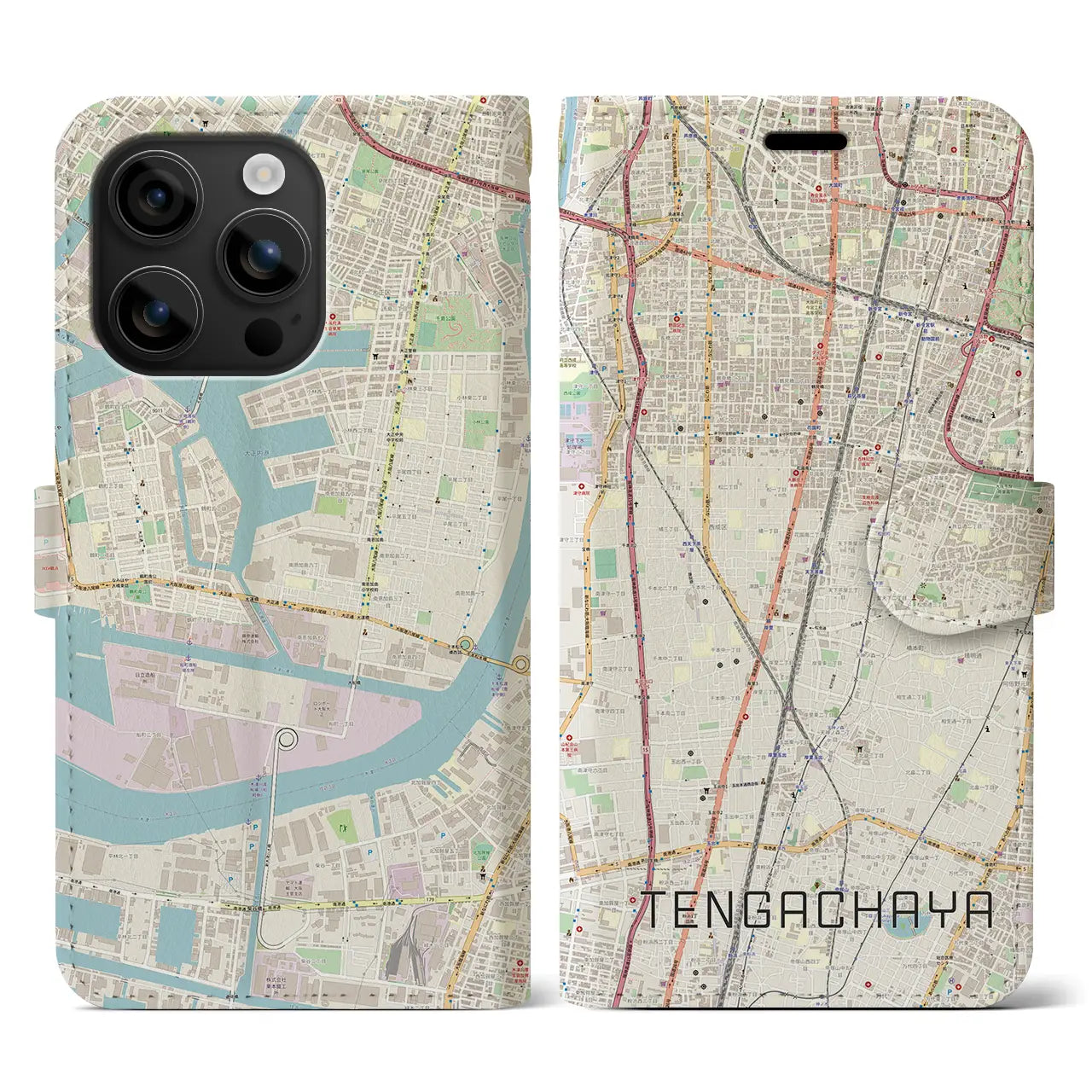 【天下茶屋(大阪府)】地図柄iPhoneケース(手帳タイプ)ナチュラル・iPhone 16 用