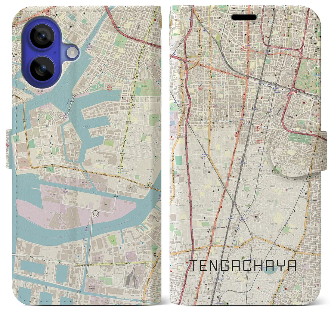 【天下茶屋(大阪府)】地図柄iPhoneケース(手帳タイプ)ナチュラル・iPhone 16 Pro Max 用