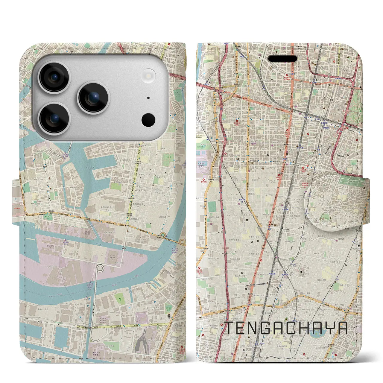 【天下茶屋(大阪府)】地図柄iPhoneケース(手帳タイプ)モノトーン・iPhone 17 Pro Max 用