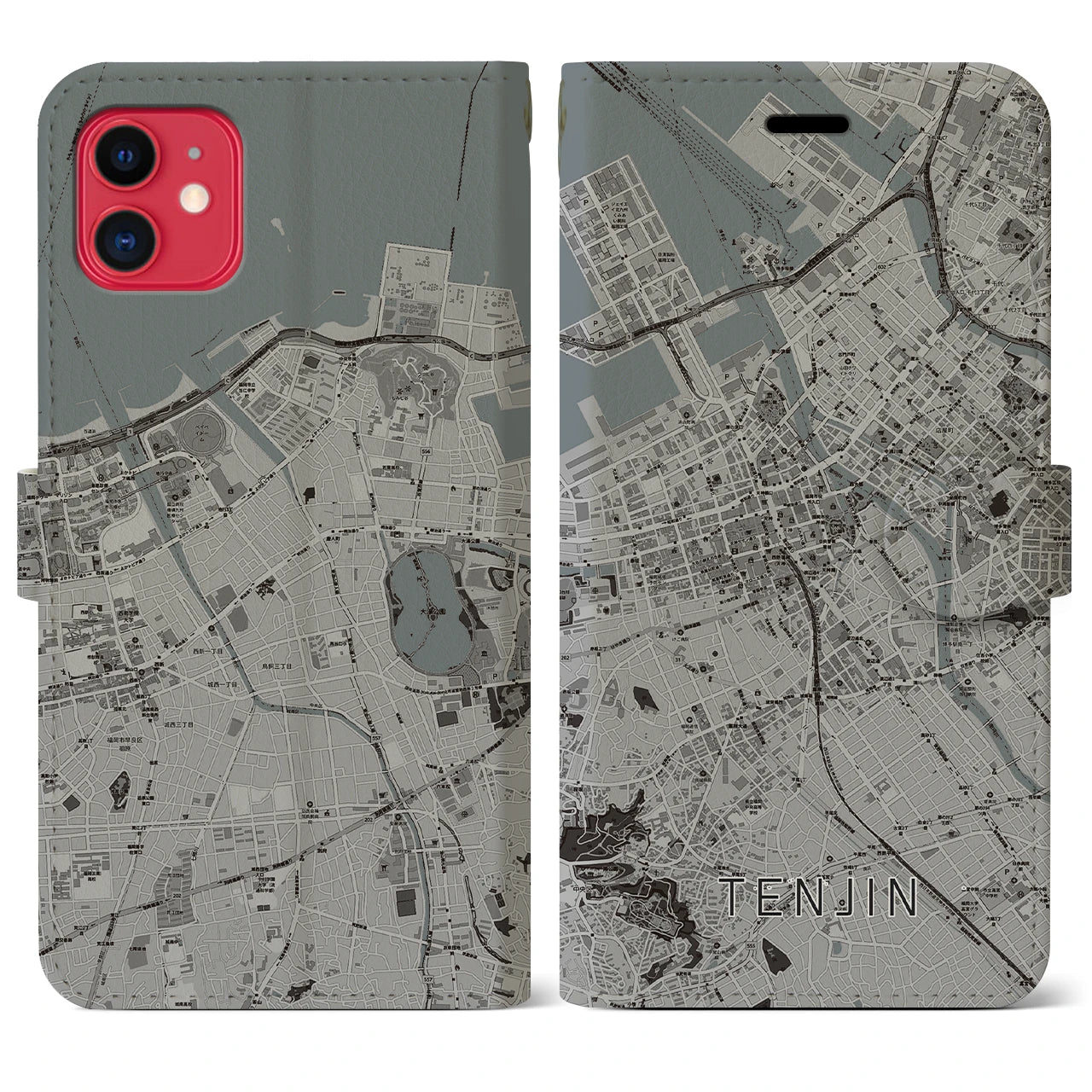 【天神(福岡県)】地図柄iPhoneケース(手帳タイプ)モノトーン・iPhone 11 用