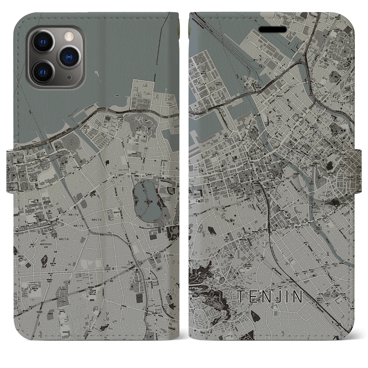 【天神(福岡県)】地図柄iPhoneケース(手帳タイプ)モノトーン・iPhone 11 Pro Max 用