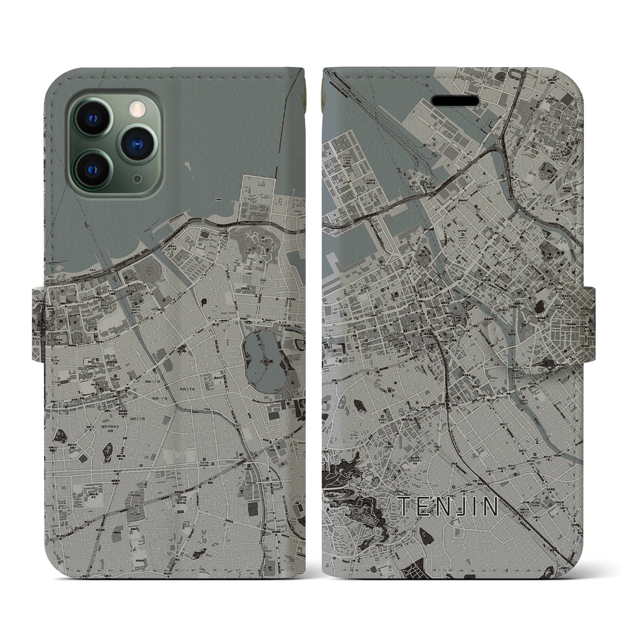 【天神(福岡県)】地図柄iPhoneケース(手帳タイプ)モノトーン・iPhone 11 Pro 用
