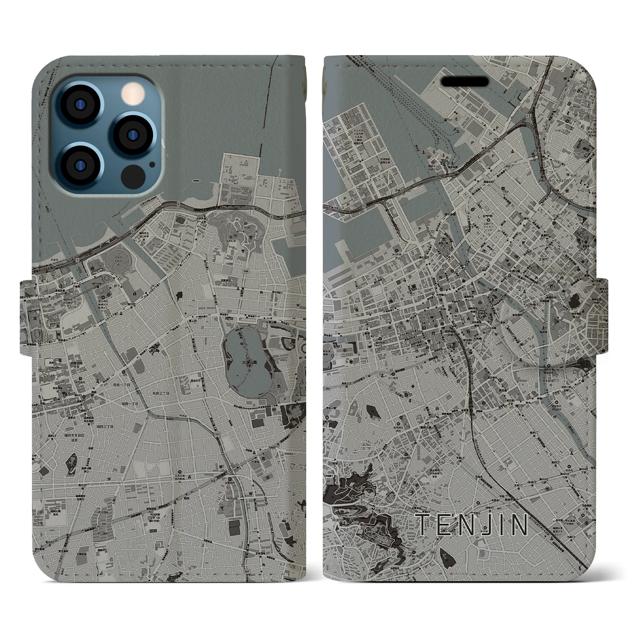 【天神(福岡県)】地図柄iPhoneケース(手帳タイプ)モノトーン・iPhone 12 / 12 Pro 用