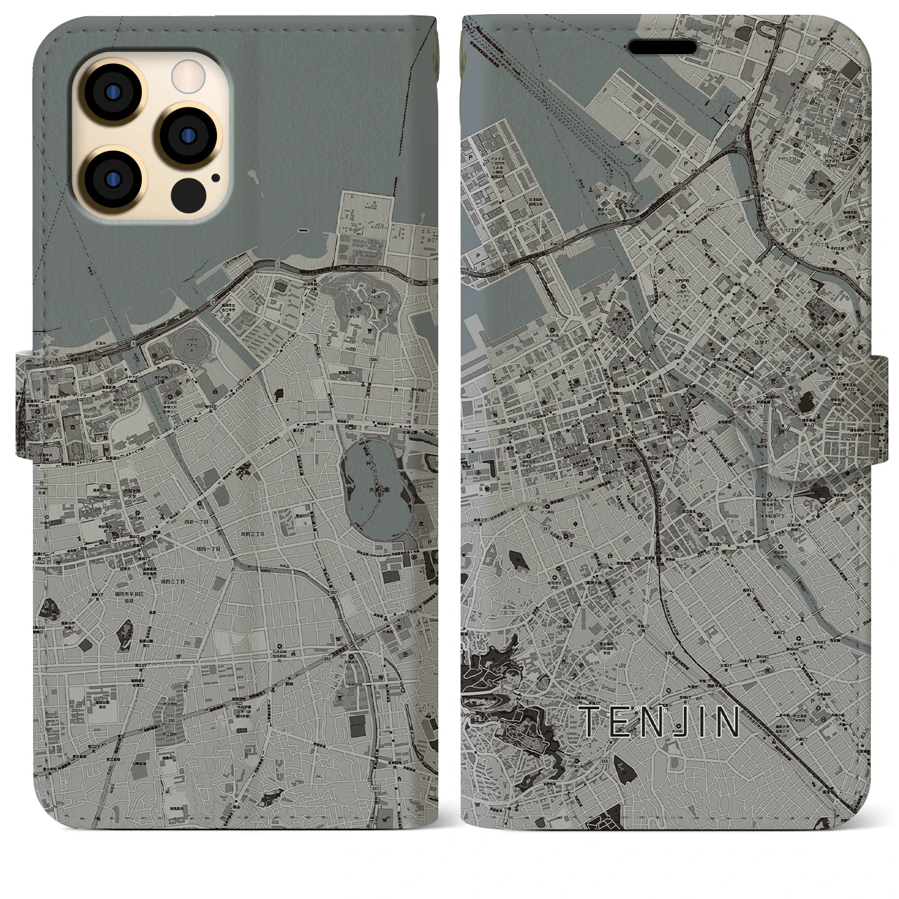 【天神(福岡県)】地図柄iPhoneケース(手帳タイプ)モノトーン・iPhone 12 Pro Max 用