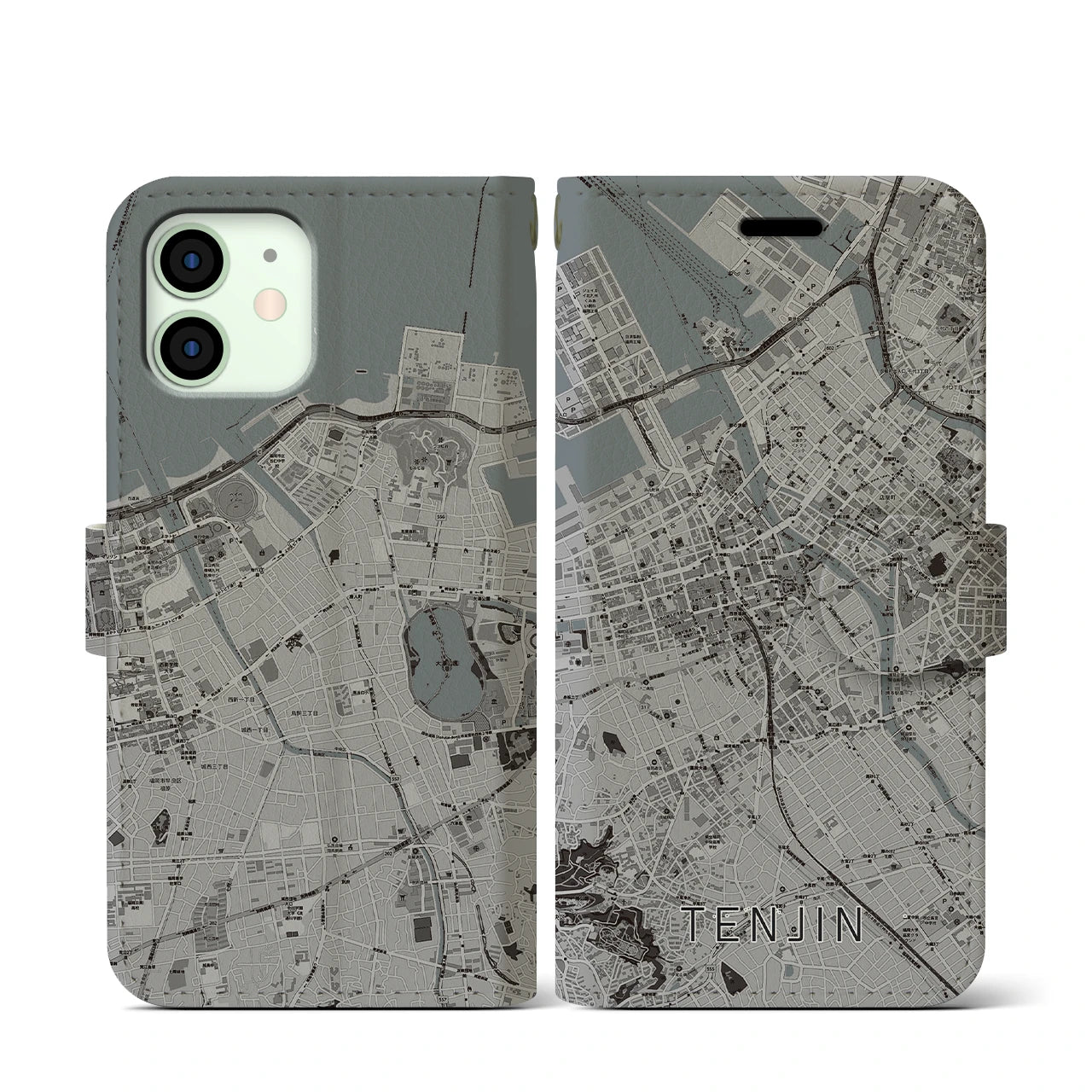 【天神(福岡県)】地図柄iPhoneケース(手帳タイプ)モノトーン・iPhone 12 mini 用