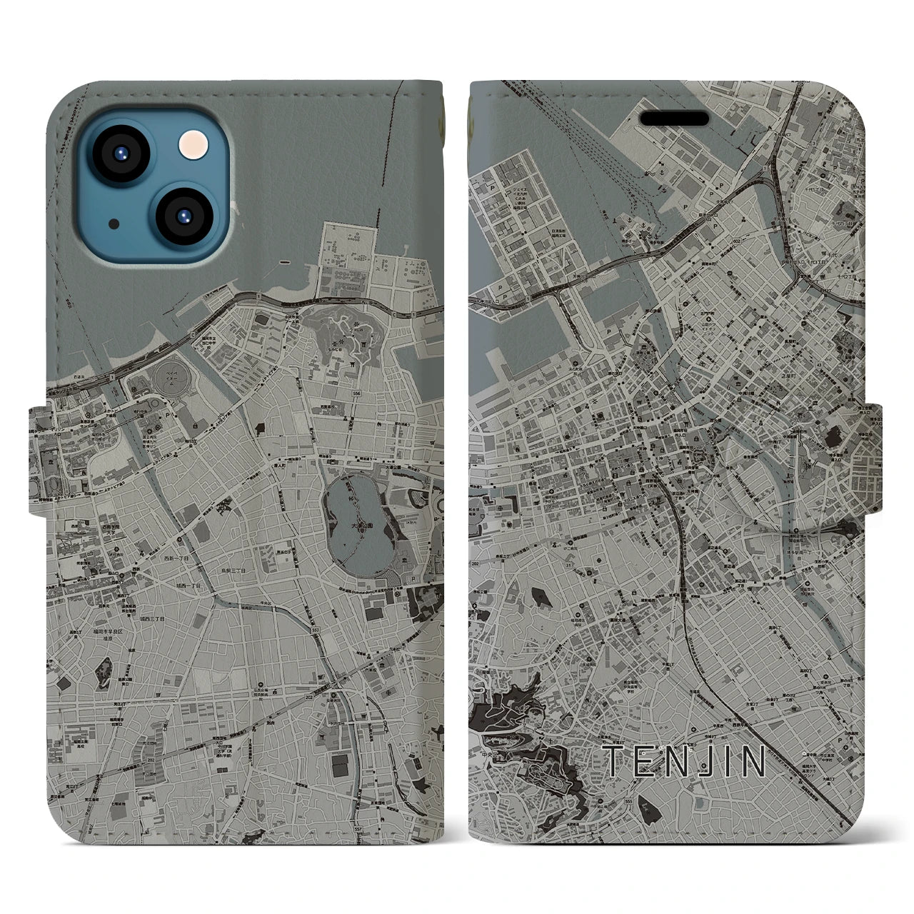【天神(福岡県)】地図柄iPhoneケース(手帳タイプ)モノトーン・iPhone 13 用