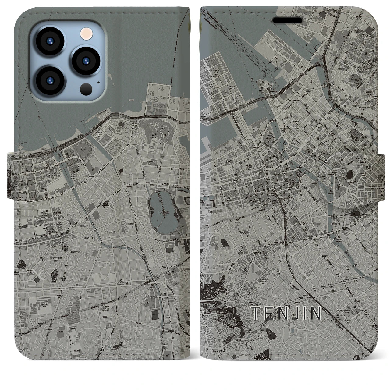 【天神(福岡県)】地図柄iPhoneケース(手帳タイプ)モノトーン・iPhone 13 Pro Max 用