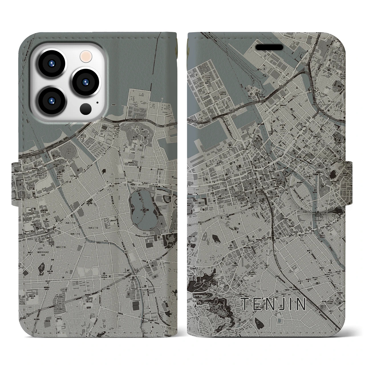 【天神(福岡県)】地図柄iPhoneケース(手帳タイプ)モノトーン・iPhone 13 Pro 用