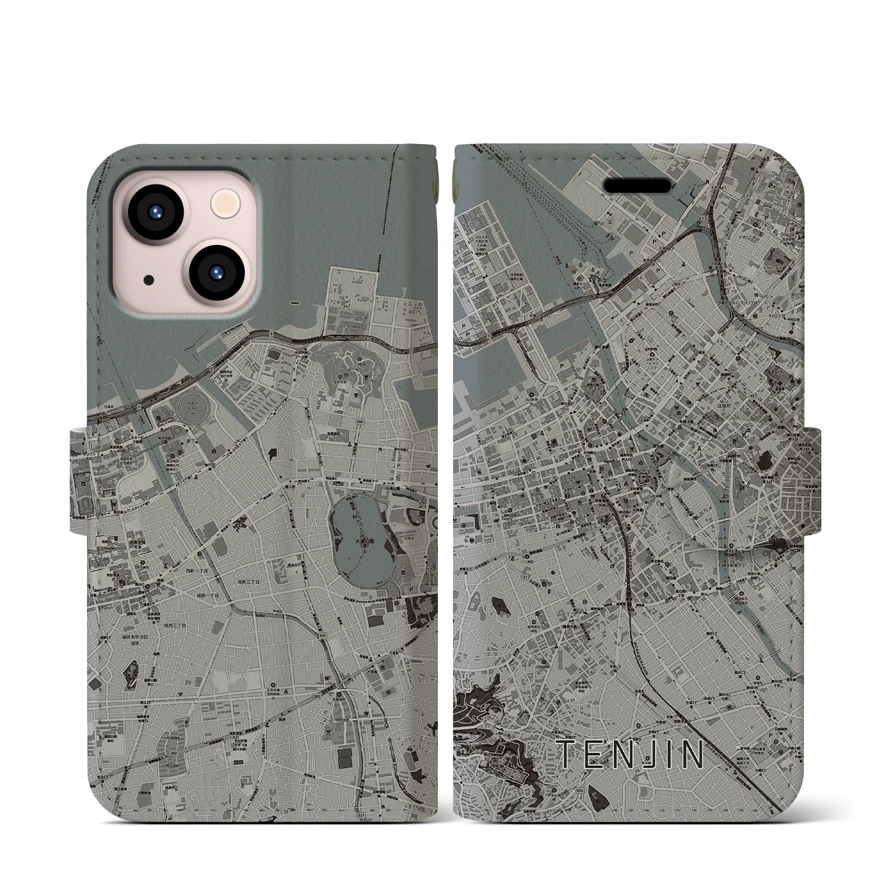 【天神(福岡県)】地図柄iPhoneケース(手帳タイプ)モノトーン・iPhone 13 mini 用