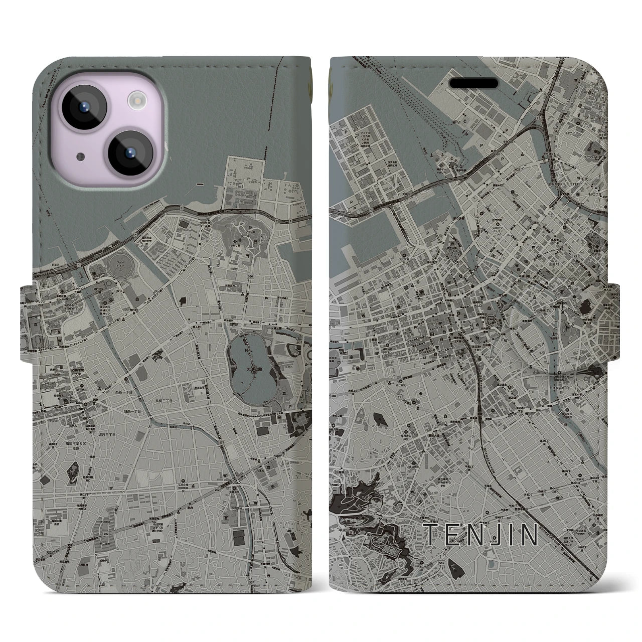 【天神(福岡県)】地図柄iPhoneケース(手帳タイプ)モノトーン・iPhone 14 用