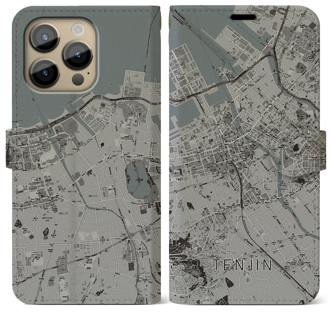 【天神(福岡県)】地図柄iPhoneケース(手帳タイプ)モノトーン・iPhone 14 Pro Max 用