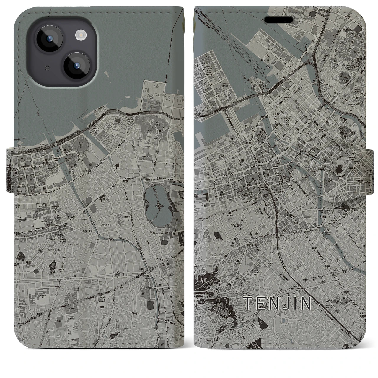【天神(福岡県)】地図柄iPhoneケース(手帳タイプ)モノトーン・iPhone 14 Plus 用