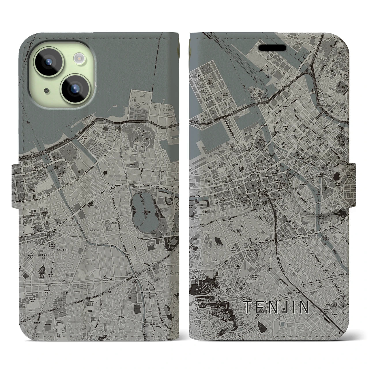 【天神(福岡県)】地図柄iPhoneケース(手帳タイプ)モノトーン・iPhone 15 用