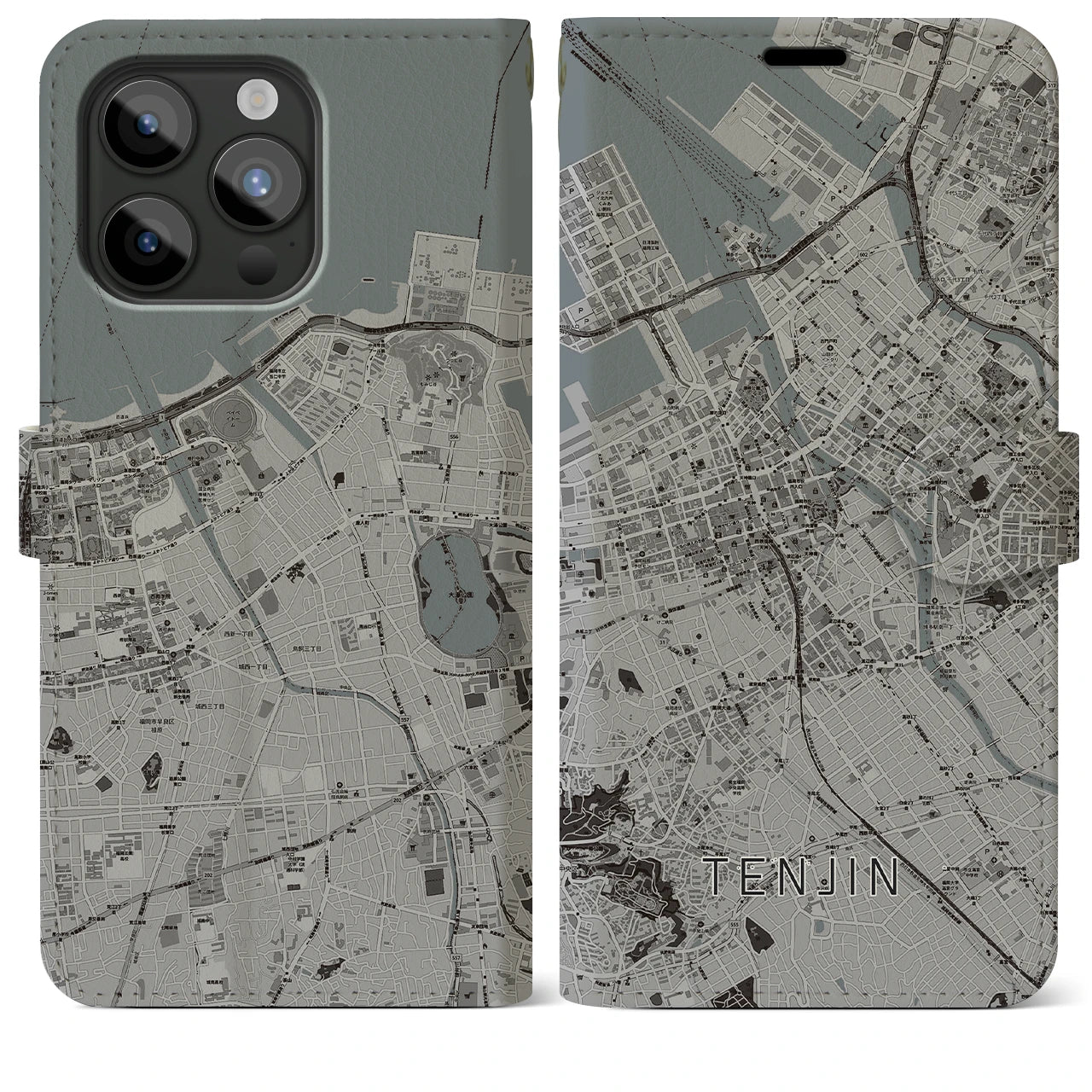 【天神(福岡県)】地図柄iPhoneケース(手帳タイプ)モノトーン・iPhone 15 Pro Max 用