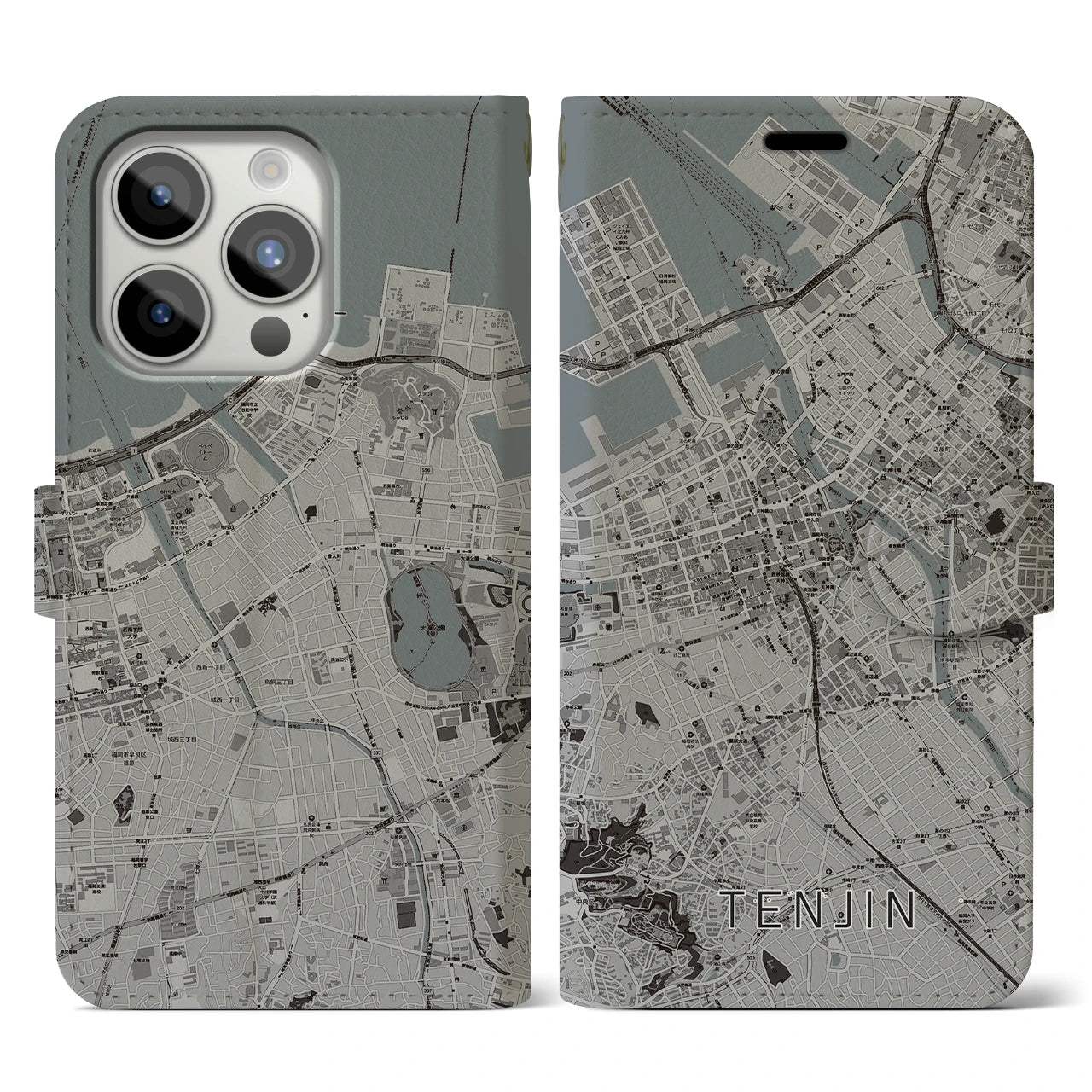 【天神(福岡県)】地図柄iPhoneケース(手帳タイプ)モノトーン・iPhone 15 Pro 用