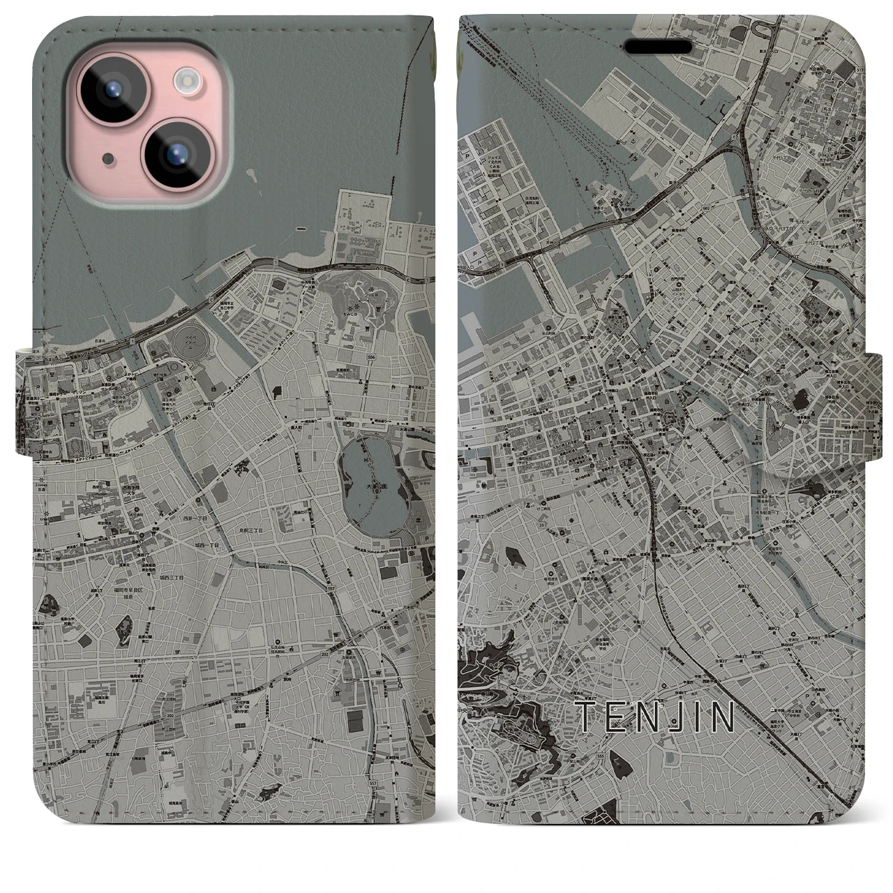 【天神(福岡県)】地図柄iPhoneケース(手帳タイプ)モノトーン・iPhone 15 Plus 用