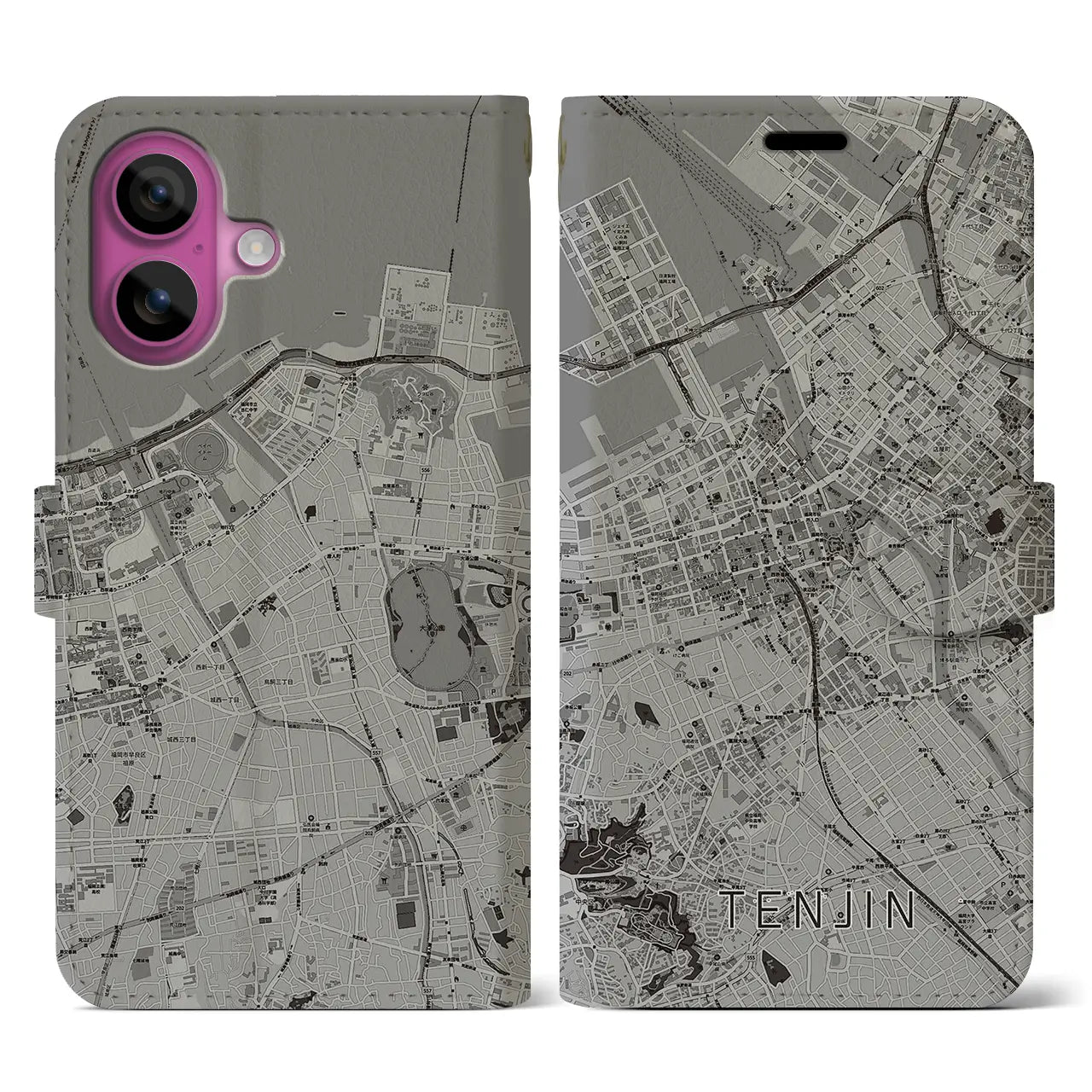 【天神(福岡県)】地図柄iPhoneケース(手帳タイプ)モノトーン・iPhone 16 Pro 用