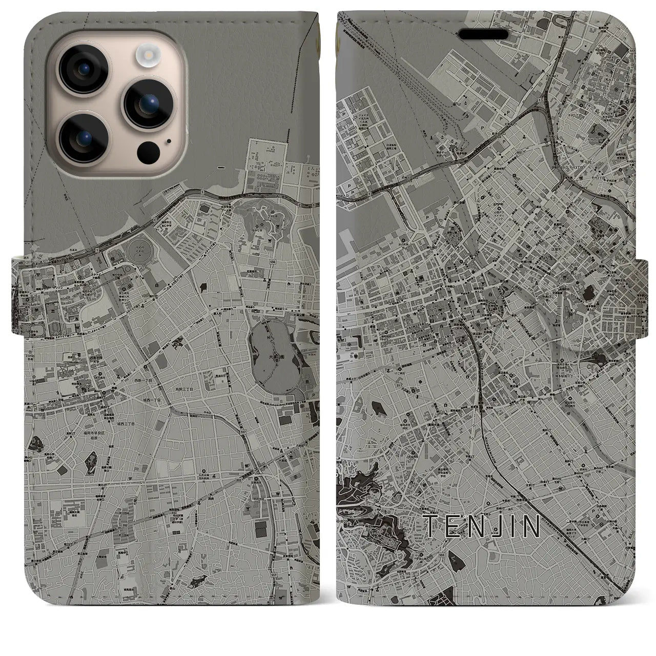 【天神(福岡県)】地図柄iPhoneケース(手帳タイプ)モノトーン・iPhone 16 Plus 用