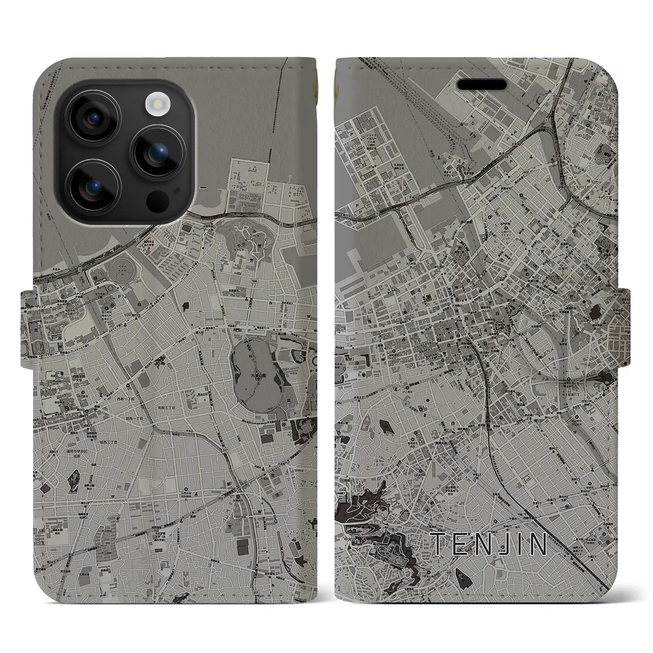 【天神(福岡県)】地図柄iPhoneケース(手帳タイプ)モノトーン・iPhone 16 用