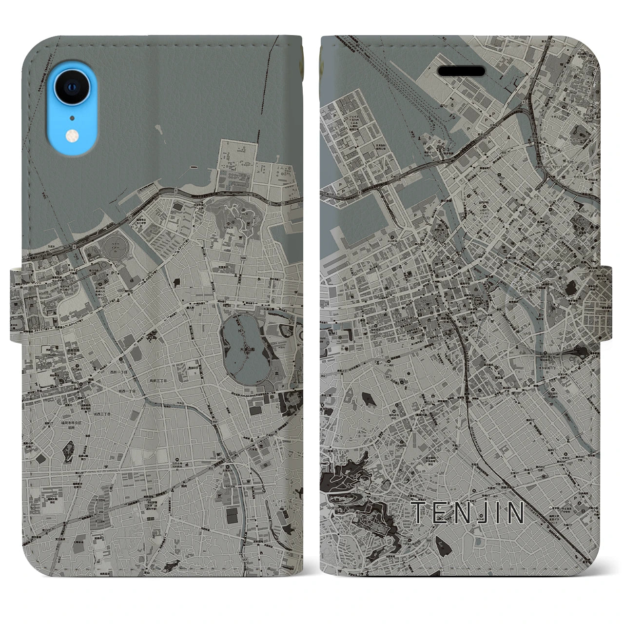 【天神(福岡県)】地図柄iPhoneケース(手帳タイプ)モノトーン・iPhone XR 用