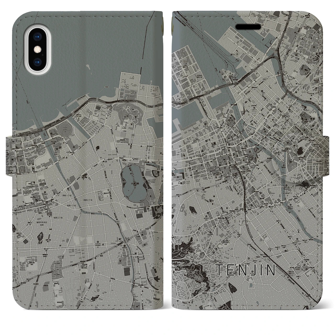【天神(福岡県)】地図柄iPhoneケース(手帳タイプ)モノトーン・iPhone XS Max 用