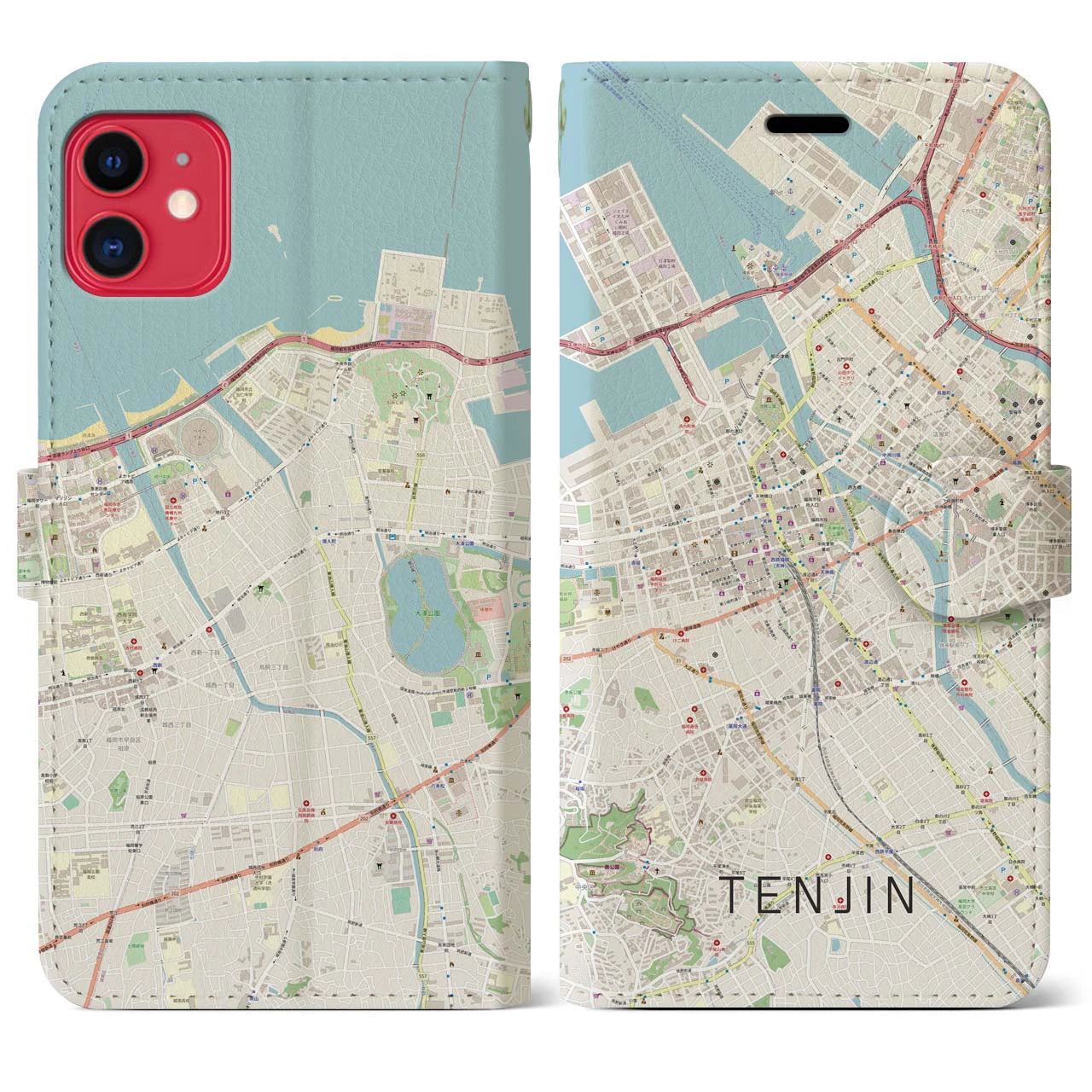 【天神(福岡県)】地図柄iPhoneケース(手帳タイプ)ナチュラル・iPhone 11 用