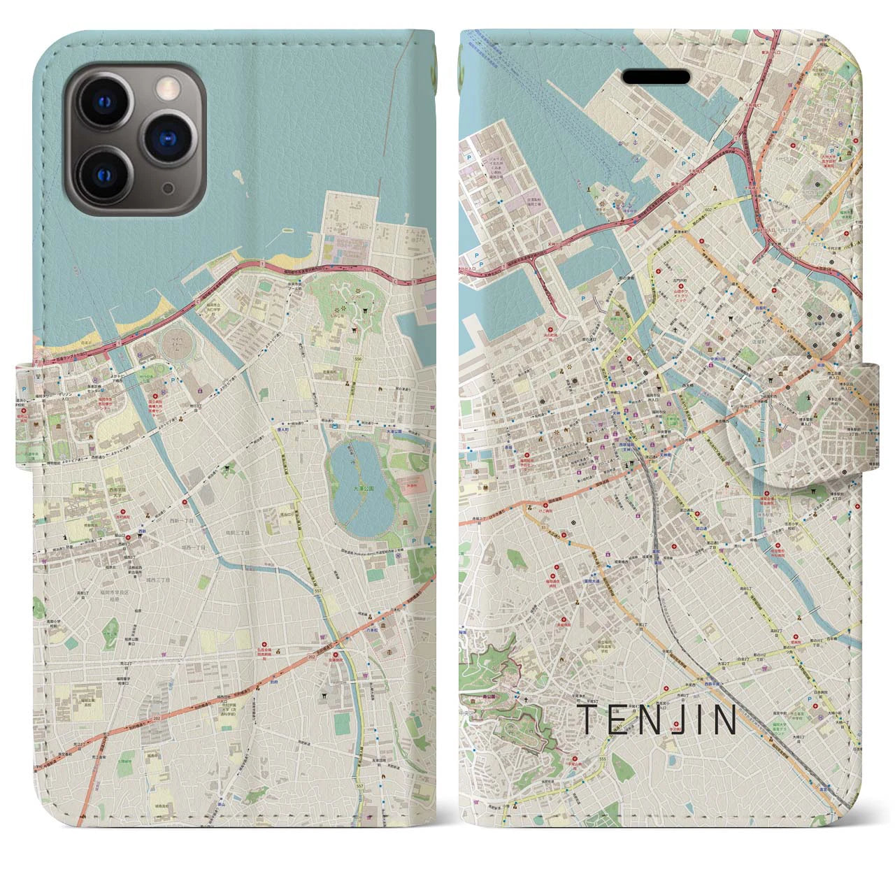 【天神(福岡県)】地図柄iPhoneケース(手帳タイプ)ナチュラル・iPhone 11 Pro Max 用