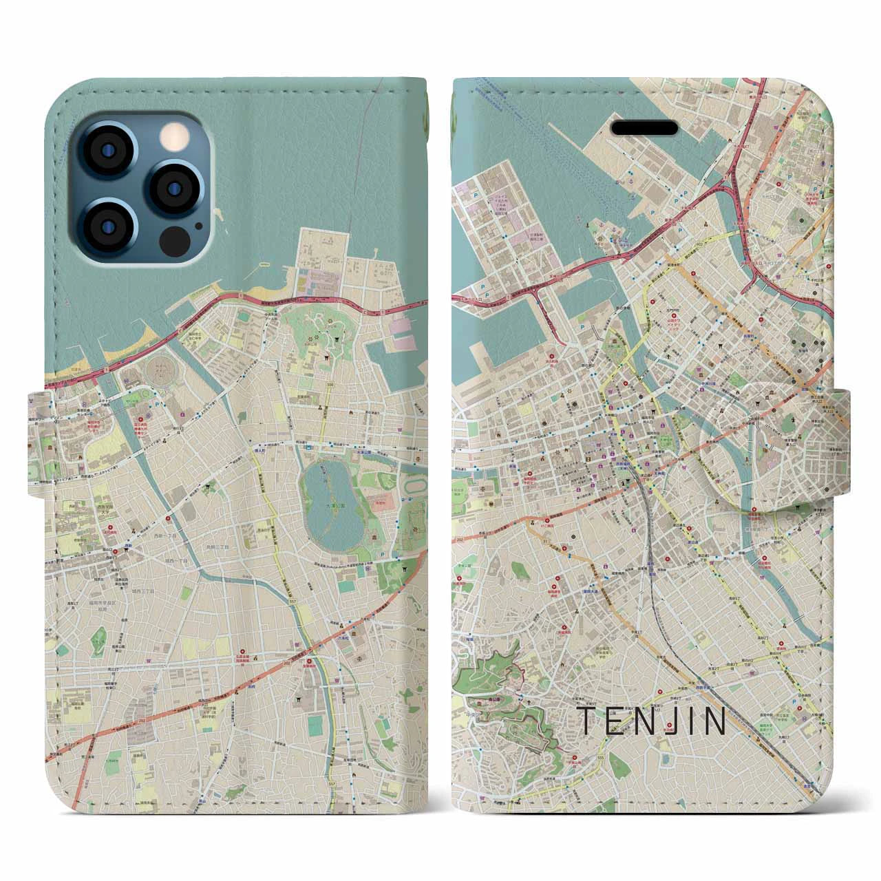 【天神(福岡県)】地図柄iPhoneケース(手帳タイプ)ナチュラル・iPhone 12 / 12 Pro 用