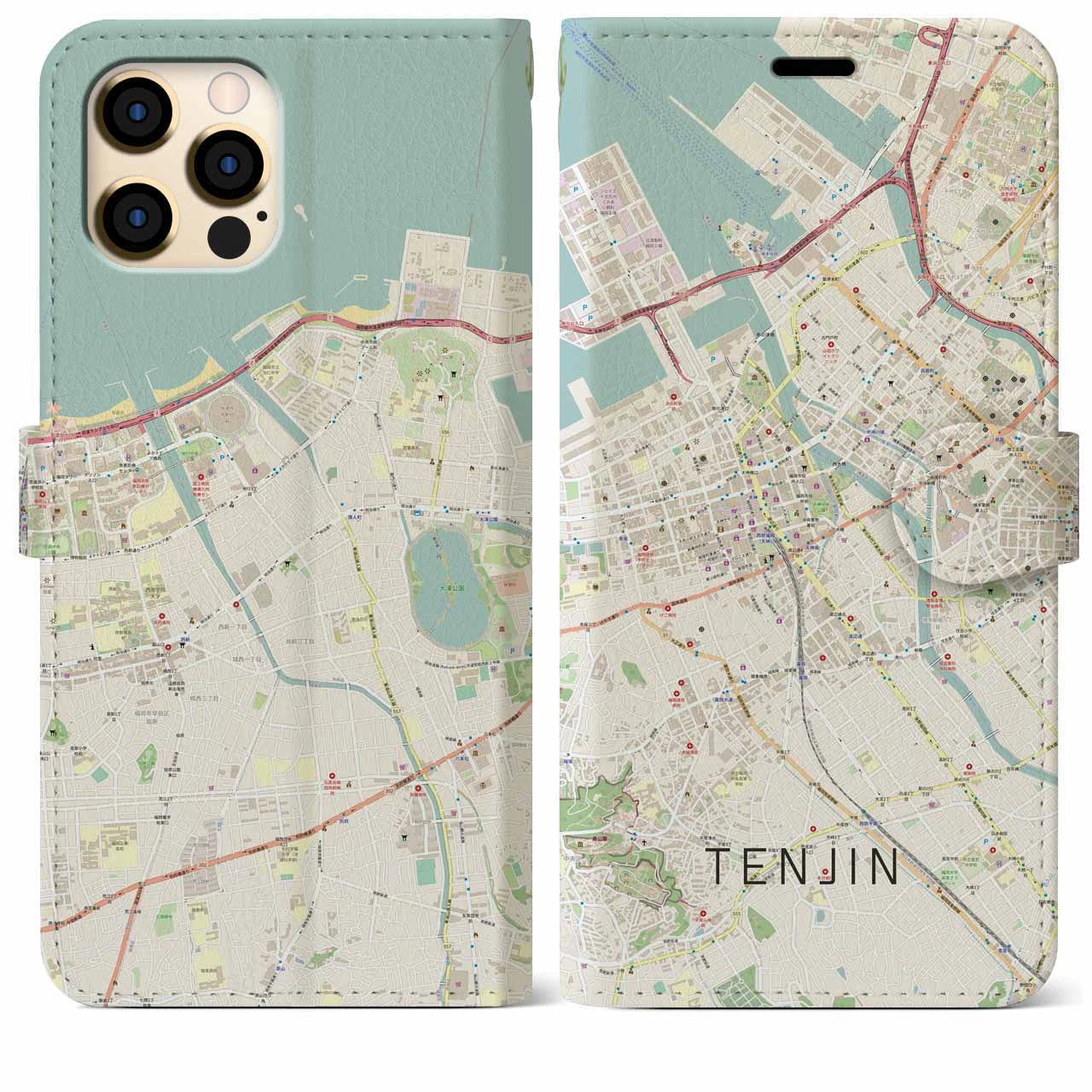 【天神(福岡県)】地図柄iPhoneケース(手帳タイプ)ナチュラル・iPhone 12 Pro Max 用