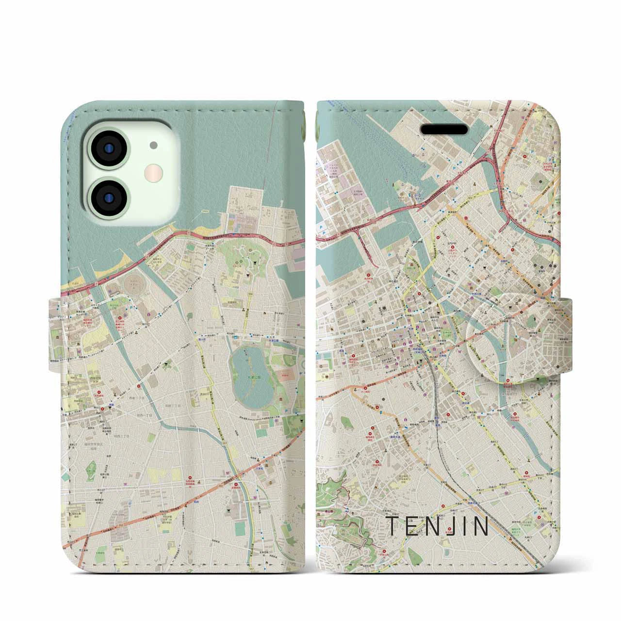 【天神(福岡県)】地図柄iPhoneケース(手帳タイプ)ナチュラル・iPhone 12 mini 用