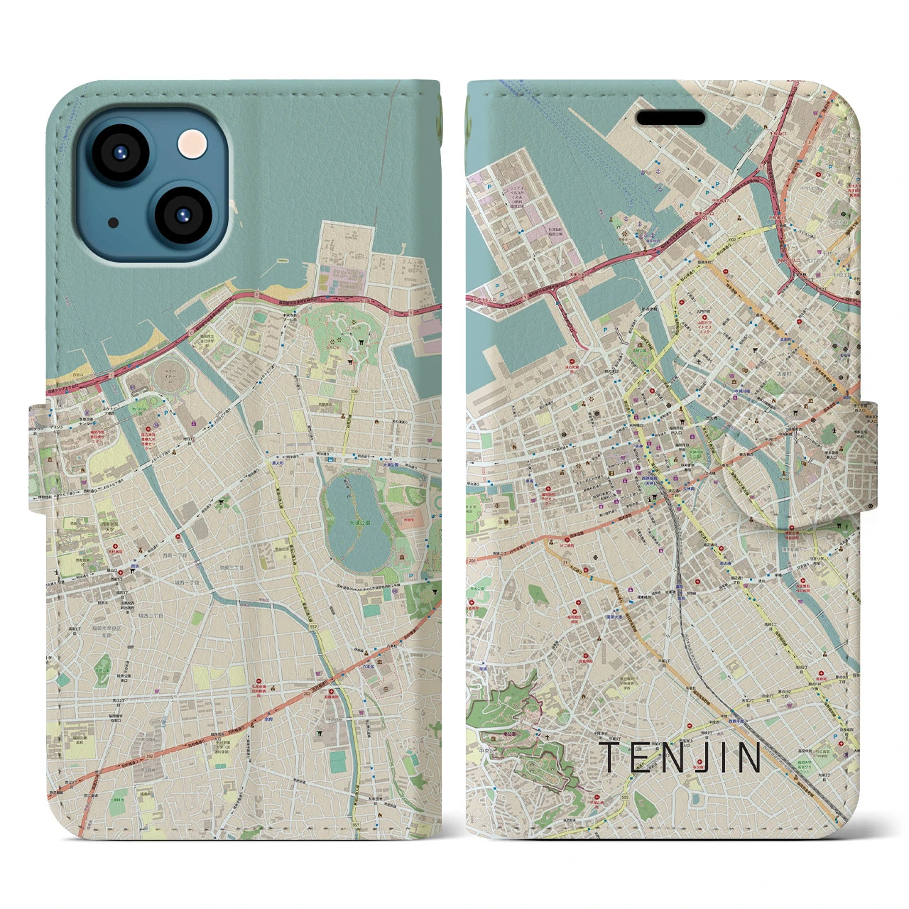 【天神(福岡県)】地図柄iPhoneケース(手帳タイプ)ナチュラル・iPhone 13 用