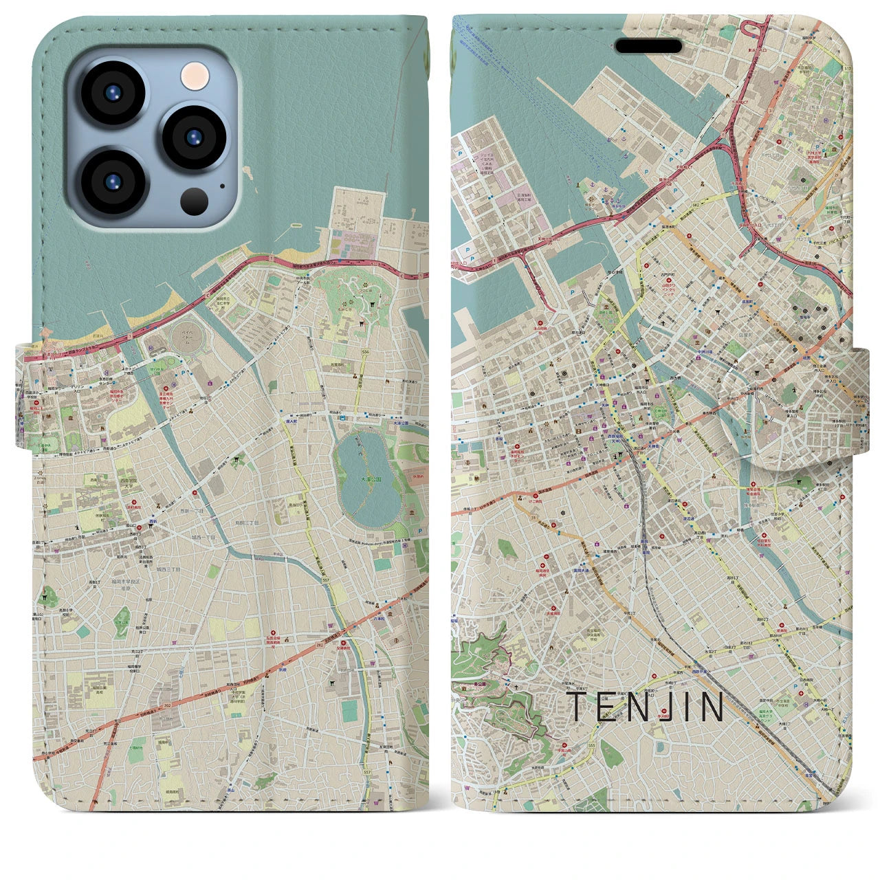 【天神(福岡県)】地図柄iPhoneケース(手帳タイプ)ナチュラル・iPhone 13 Pro Max 用